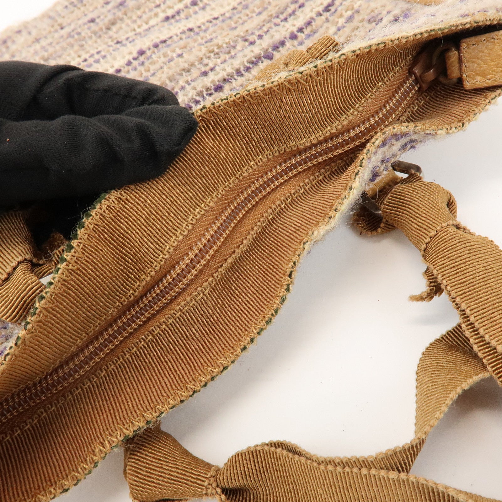 PRADA Triangle Logo Tweed Leather Hand Bag Light Brown Multicolor