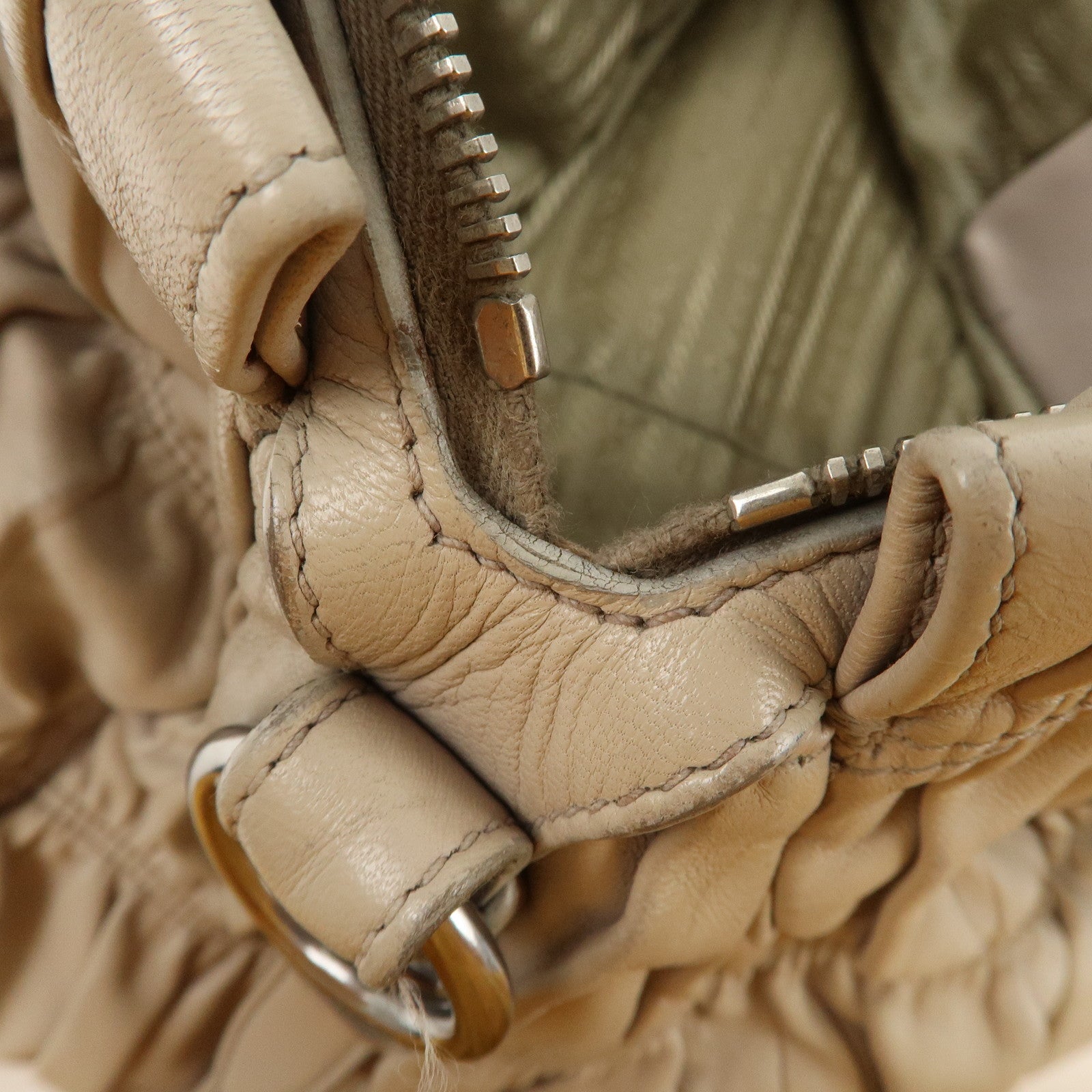 PRADA Logo Leather Gathered 2Way Hand Bag Beige BN1336