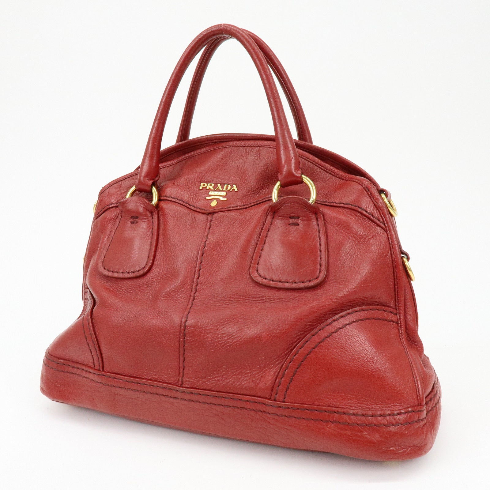 PRADA Cervo Shine Leather Bowler Bag 2Way Tote Bag Red BL0688
