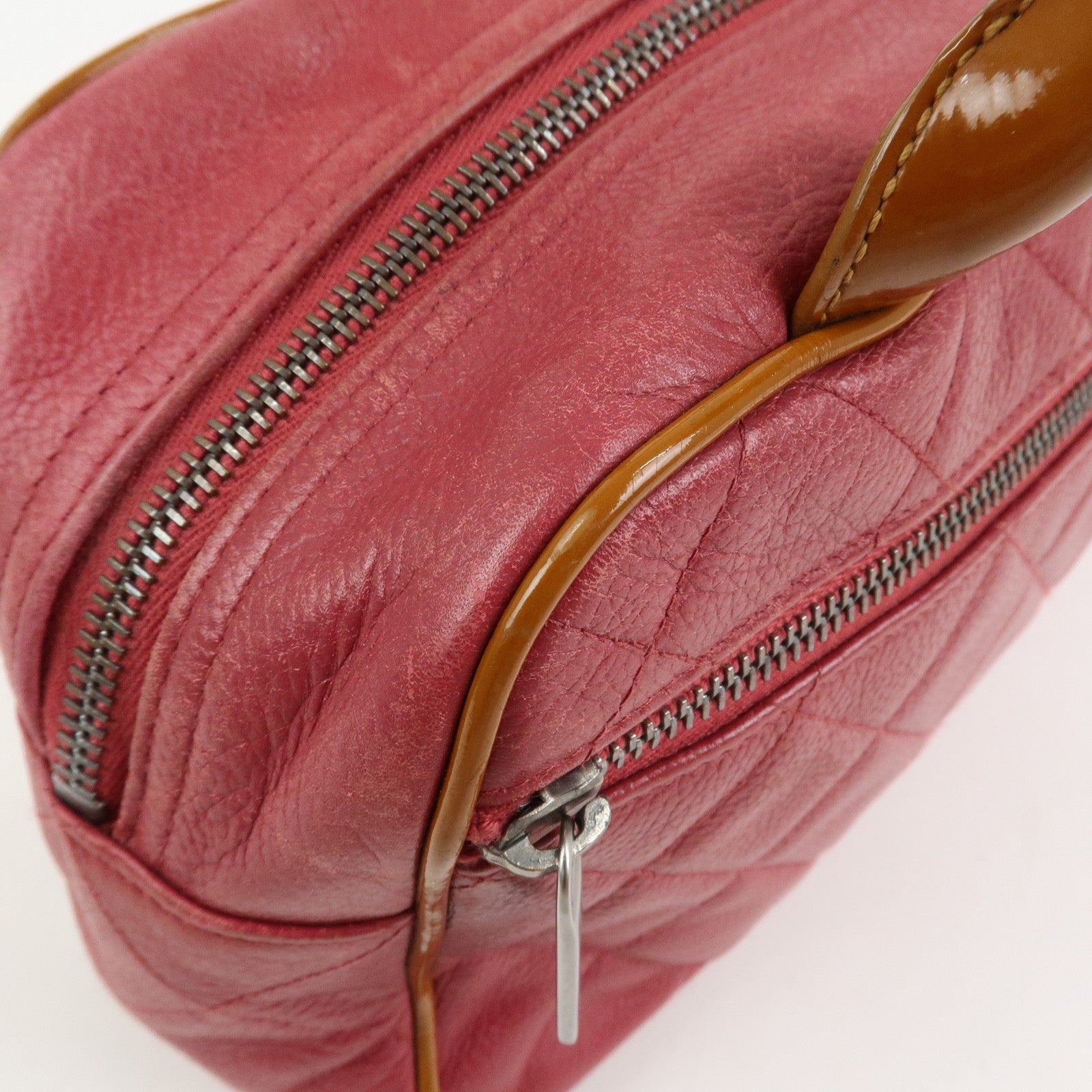 CHANEL Matelasse Leather Patent Leather Mini Boston Bag Pink Brown