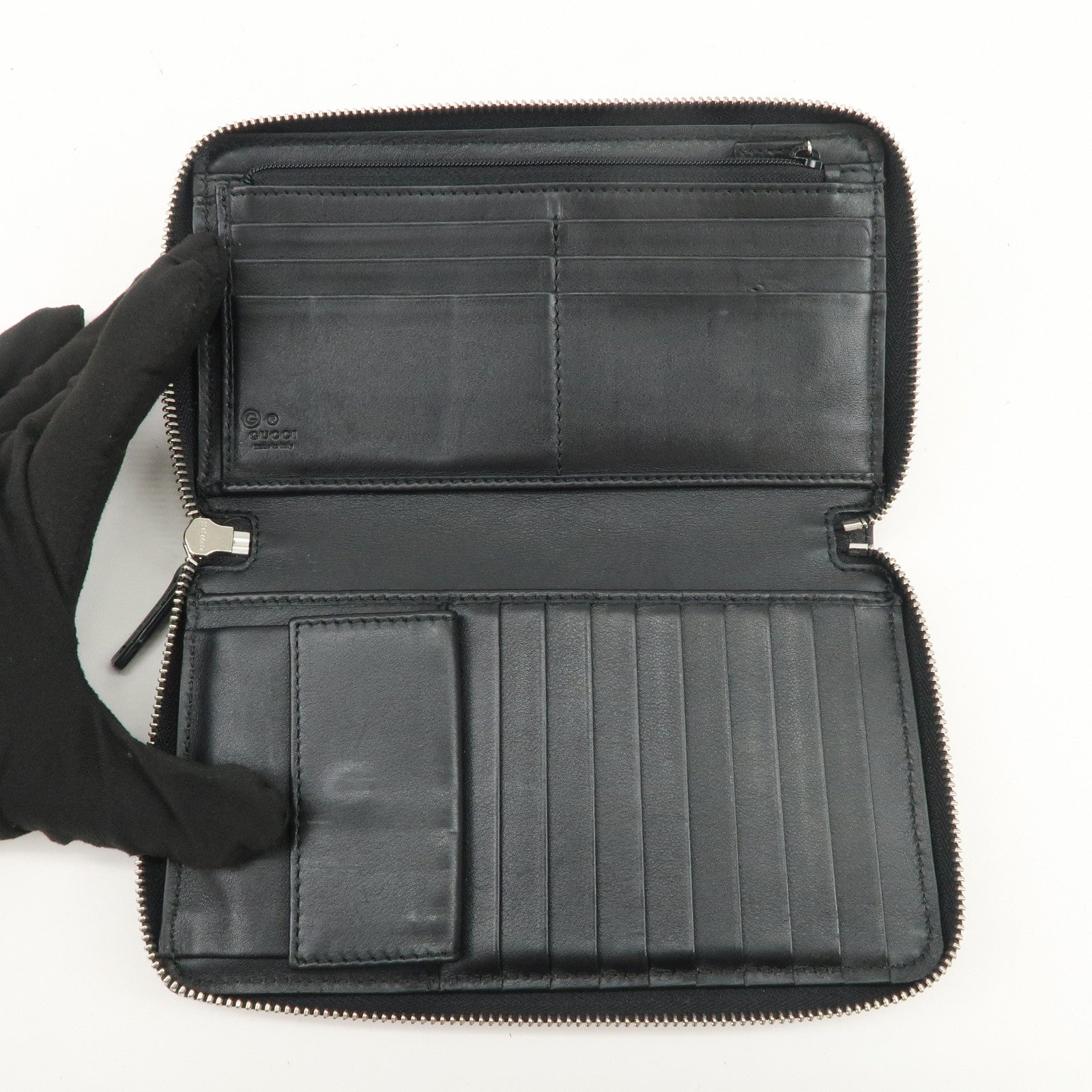 GUCCI Logo Micro Guccissima Zippy Leather Long Wallet Black 391465