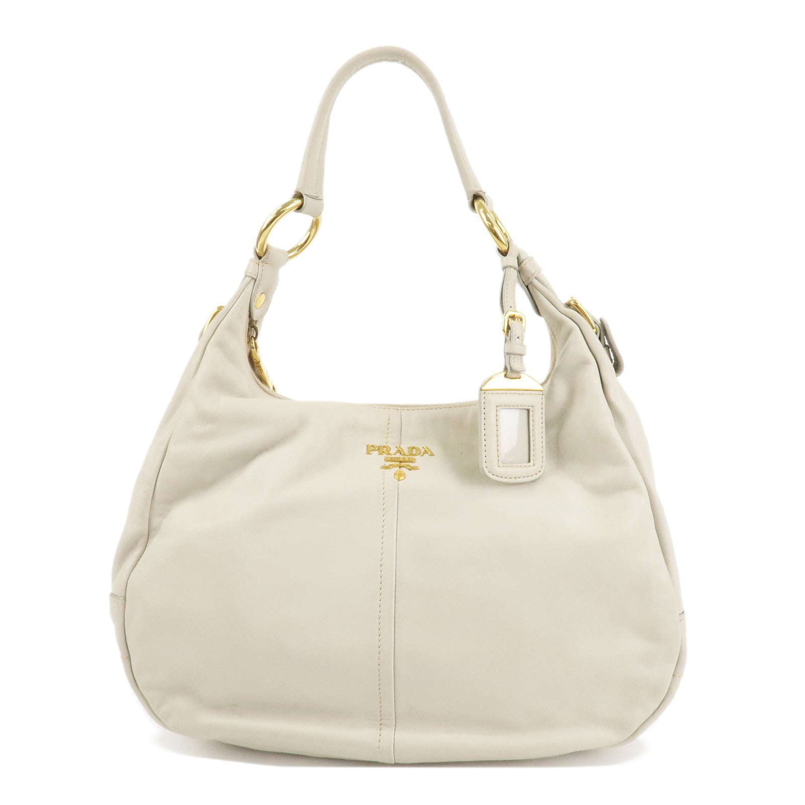 PRADA Logo Leather Shoulder Bag Hand Bag Ivory Gold Hardware Used