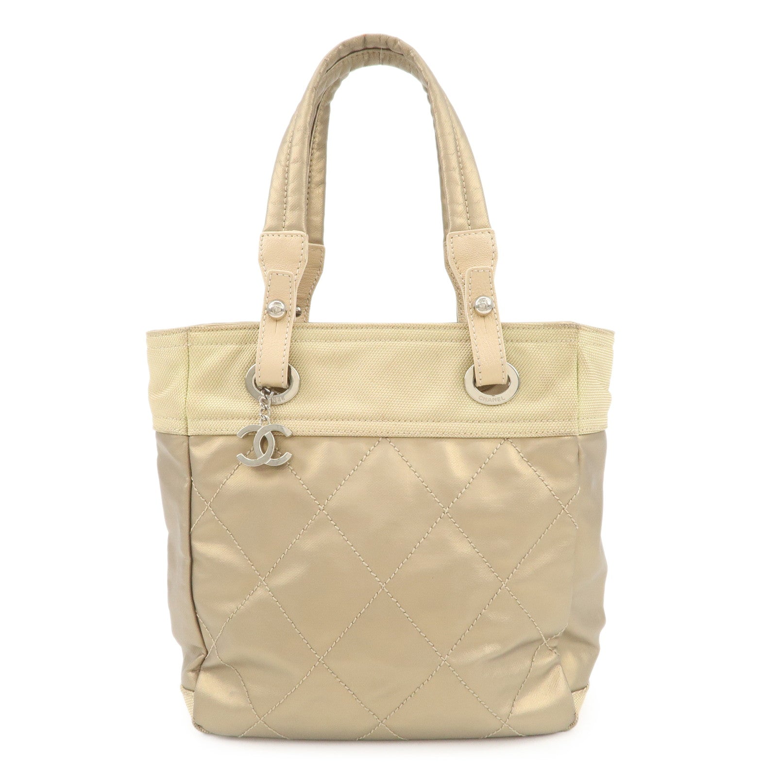 CHANEL Paris Biarritz PVC Canvas Leather Tote Bag PM A34208 Used