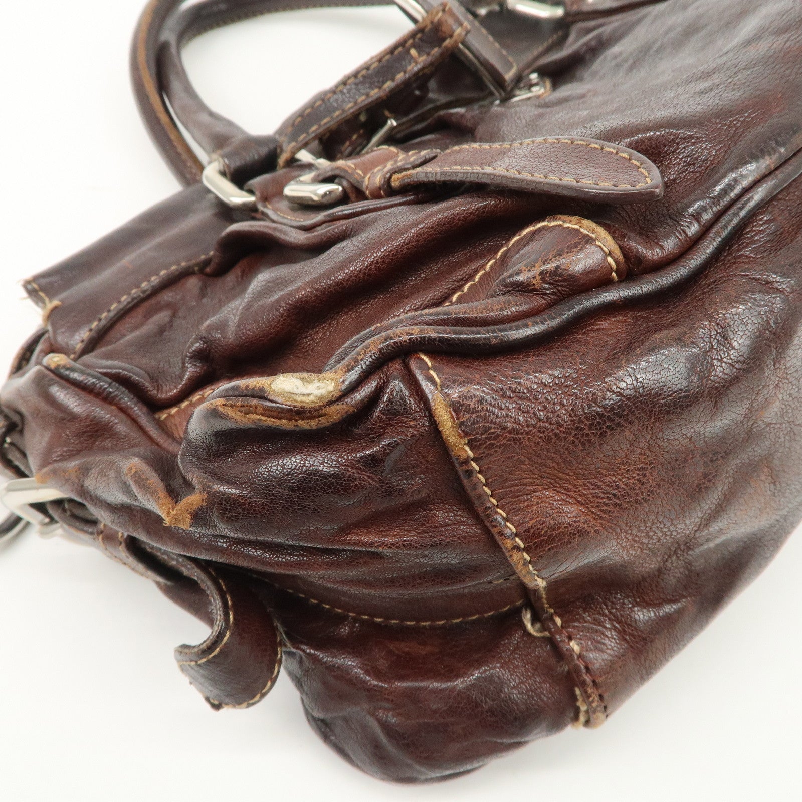 PRADA Triangle Logo Leather 2Way Bag Hand Bag Dark Brown BN1279 Used