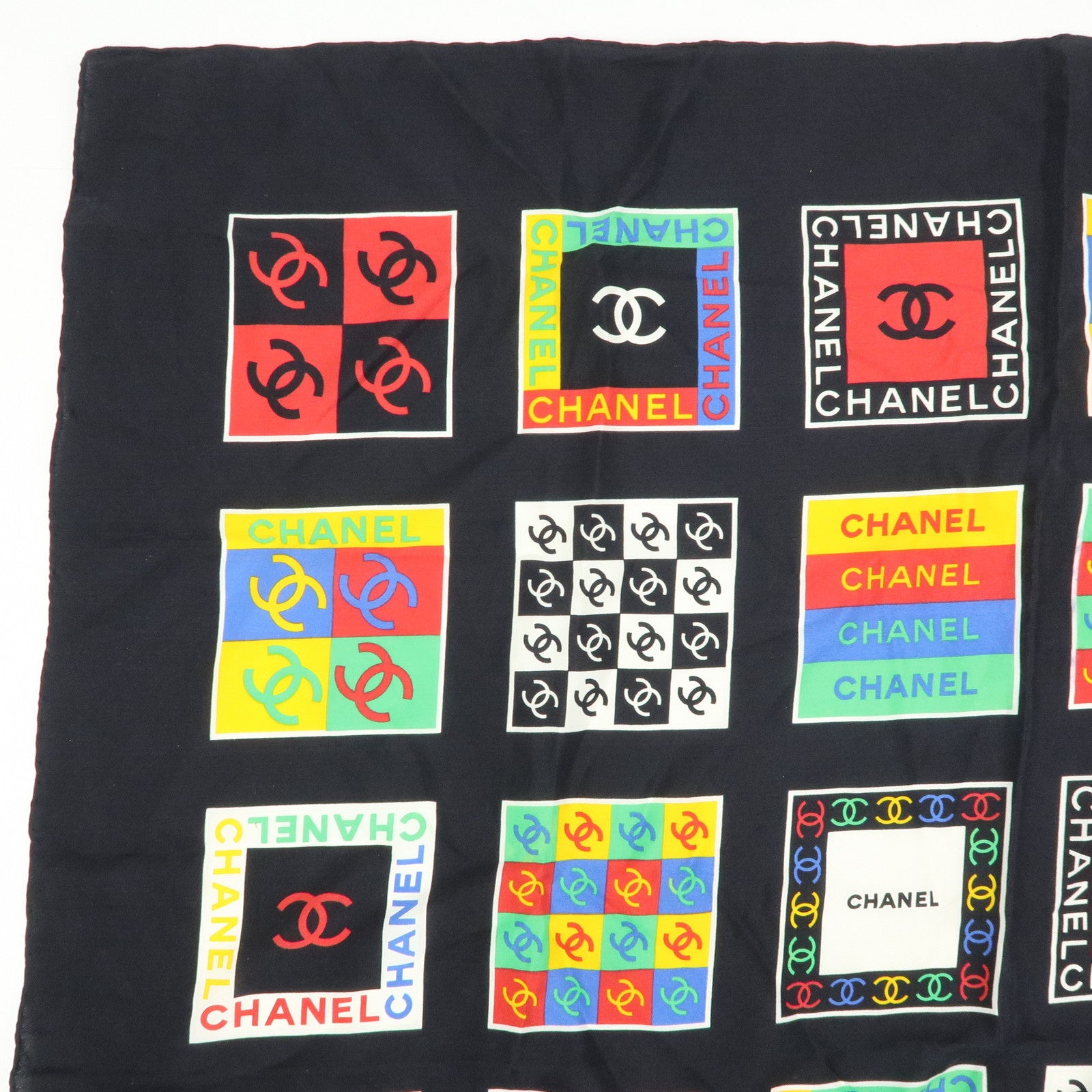 CHANEL COCO Mark Silk 100% Scarf 85×85 Black Multicolor