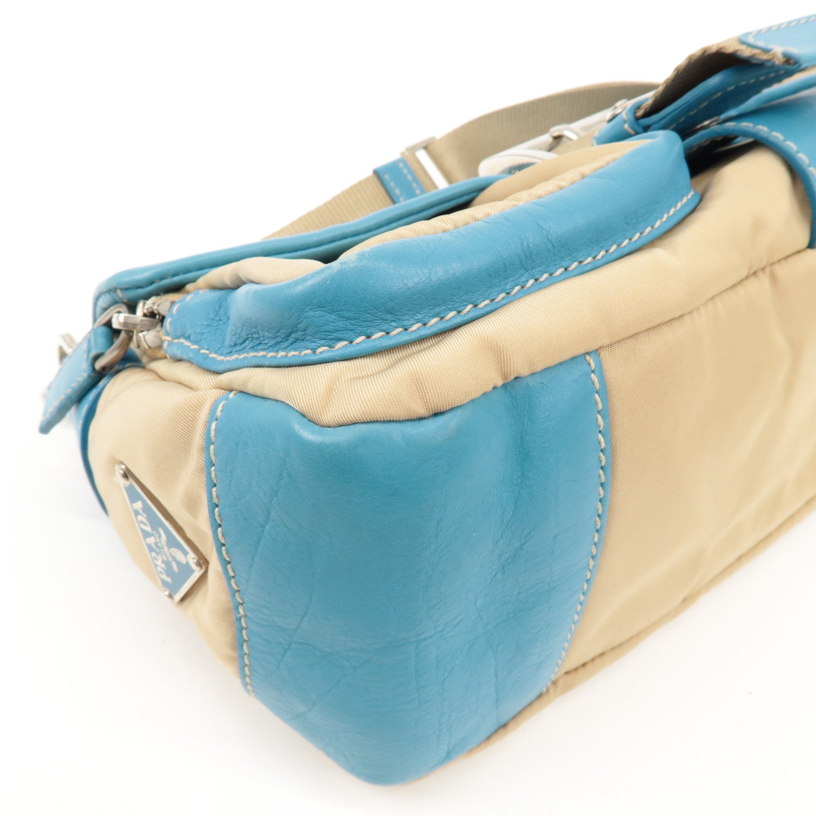 PRADA Nylon Leather Shoulder Bag Crossbody Bag Blue Beige BR2417 Used