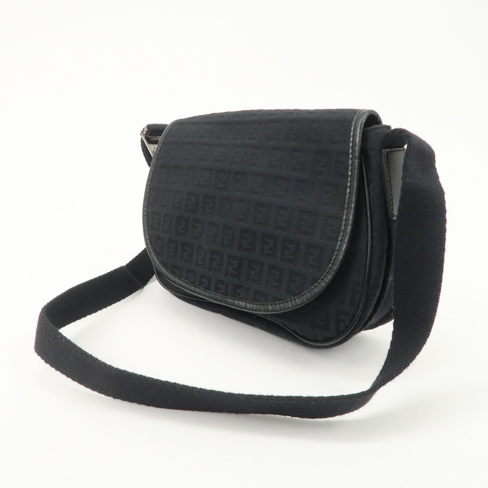 FENDI Zucchino Canvas Leather Shoulder Bag Black 8BR320