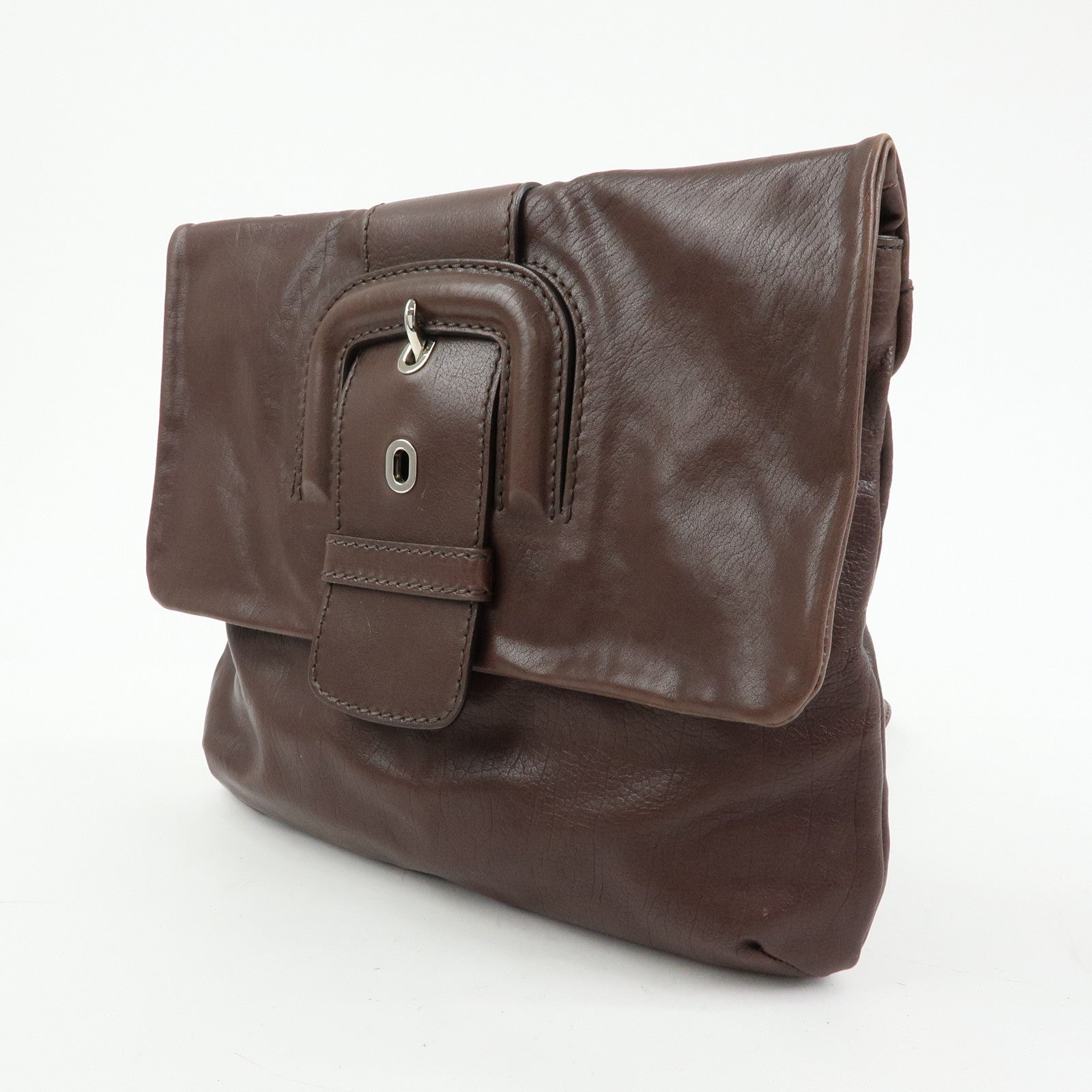 TOD'S Leather Belt Accent Flap Shoulder Bag Crossbody Bag Brown