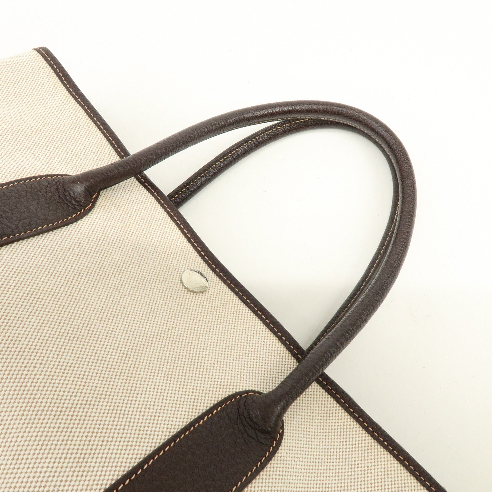 HERMES Garden Party Canvas Leather Tote Bag Beige Brown □H Stamped