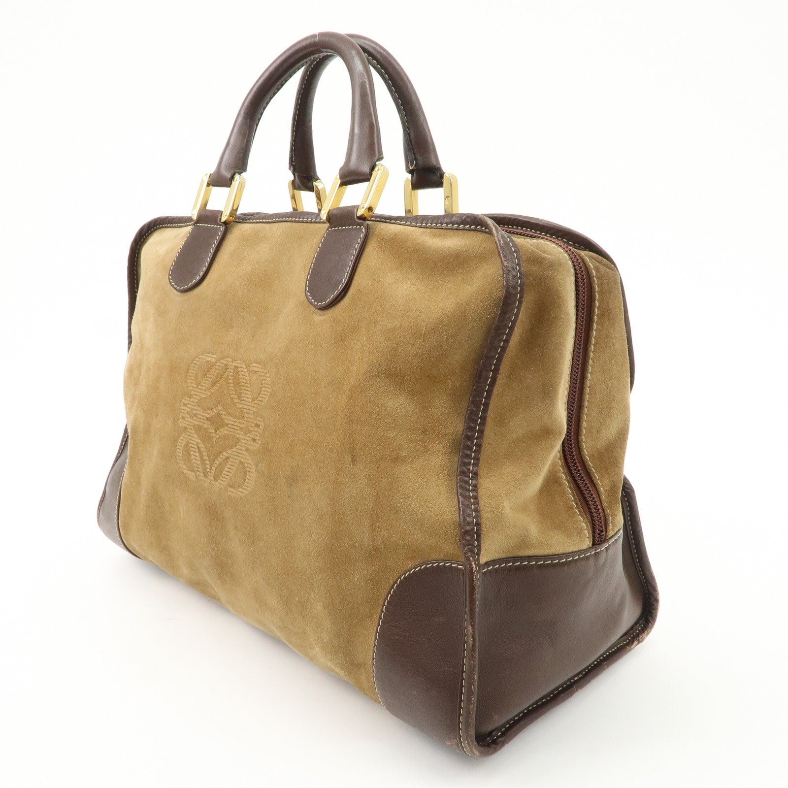 LOEWE Anagram Amazona 40 Suede Leather Hand Bag Beige Dark Brown Used