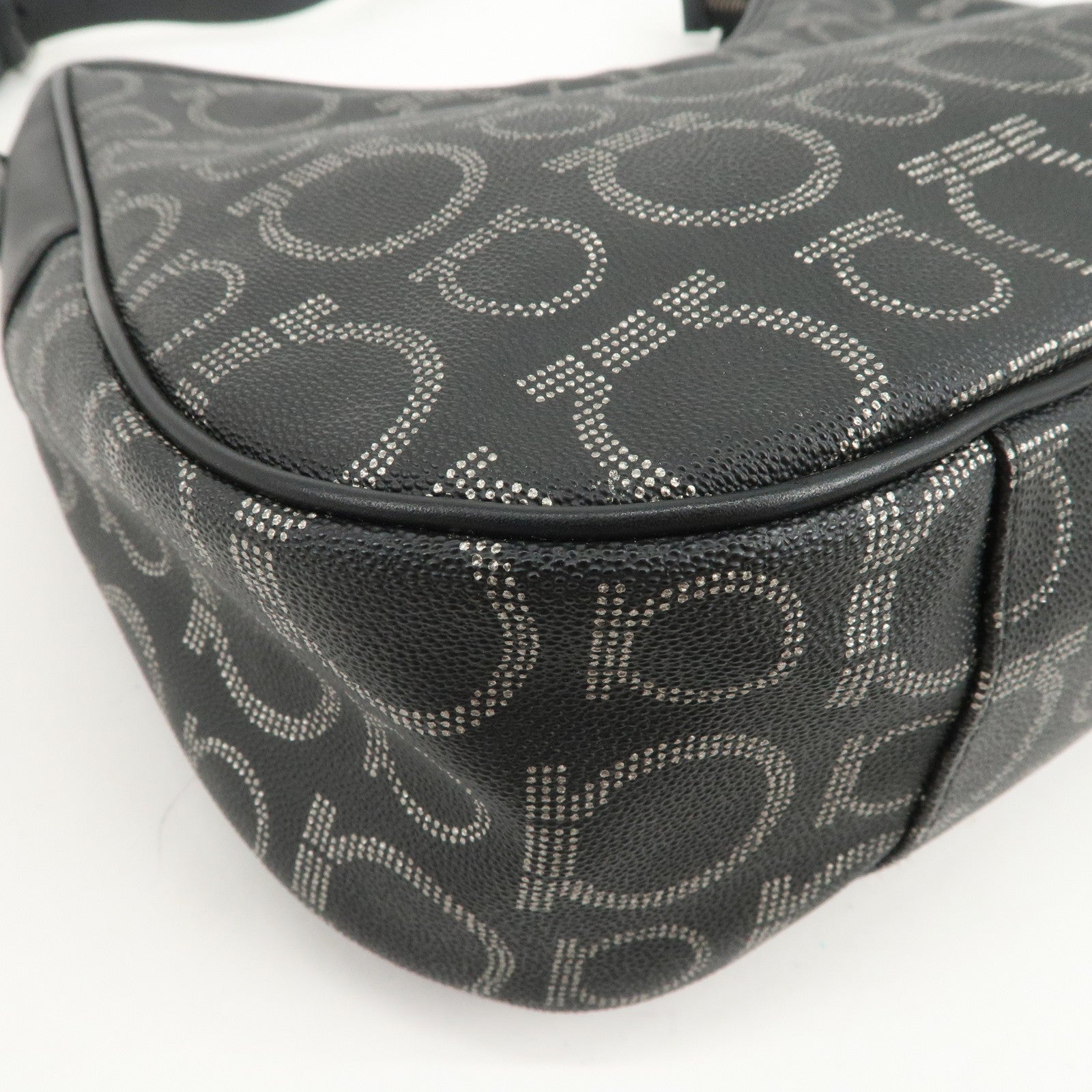 Ferragamo Gancini Logo PVC Leather Shoulder Bag Hand Bag Black