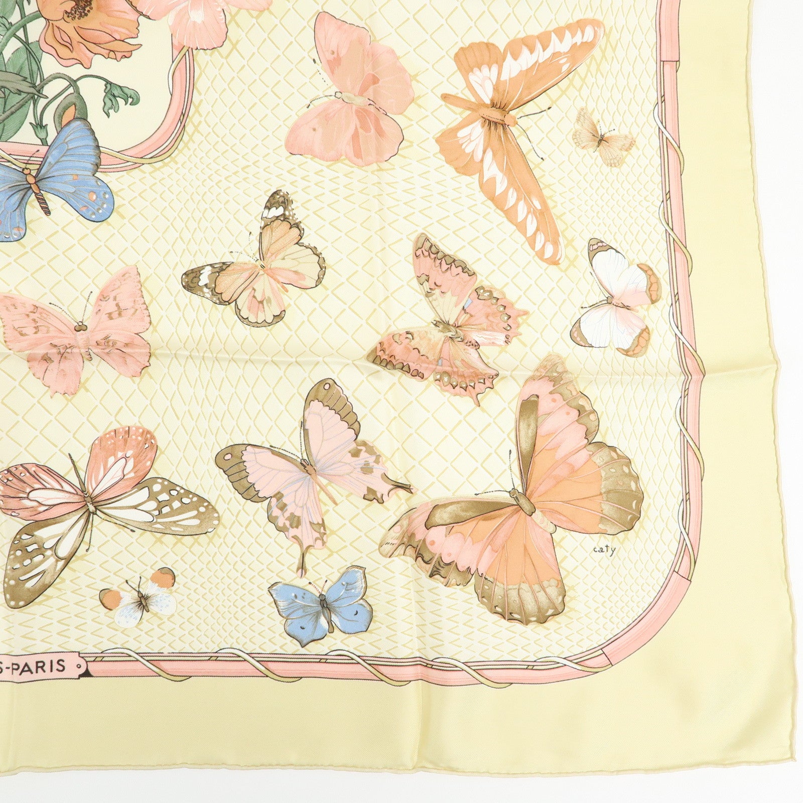 HERMES Carre 90 Set of 2 Silk 100% Scarf Beige Pink Green Yellow