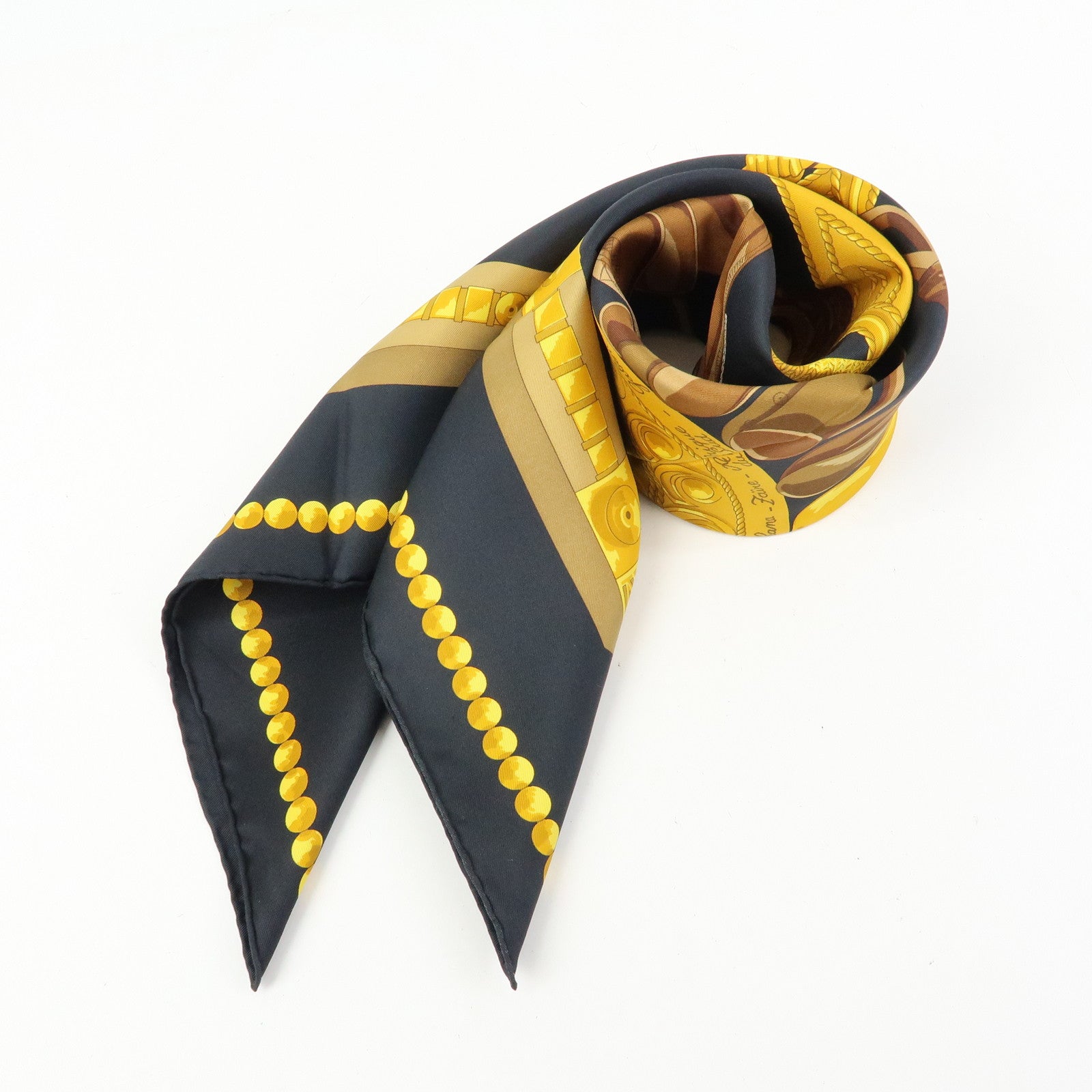 HERMES Carre 90 Silk 100% Scarf CUILLERS D'AFRIQUE Black Gold