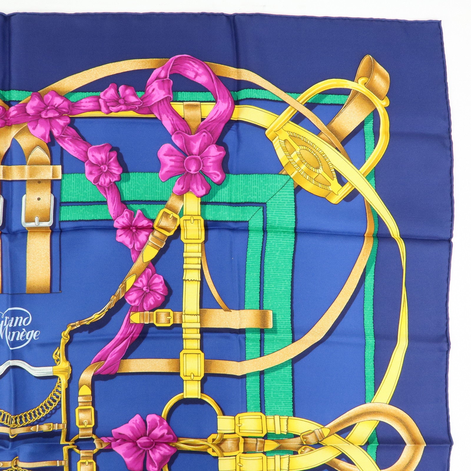 HERMES Carre 90 Silk 100% Scarf Grand Manege Navy Gold