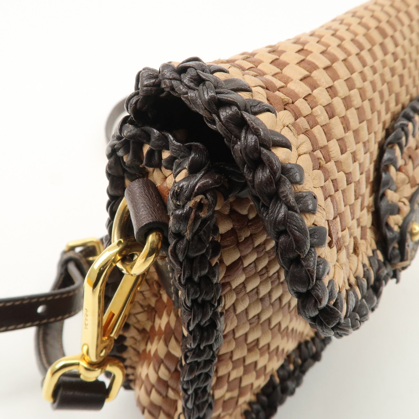 PRADA Madras Leather Shoulder bag Beige Brown BT781V Used