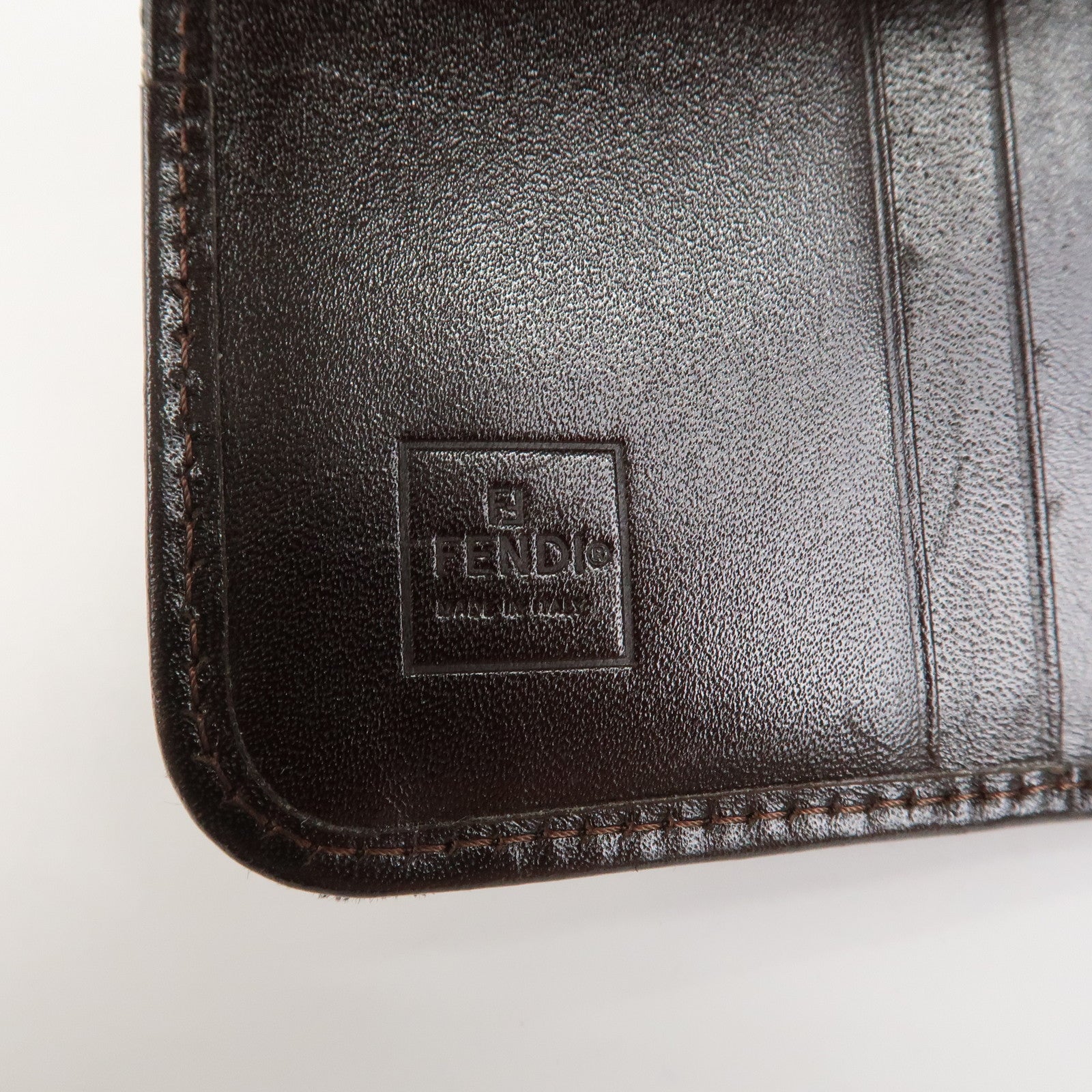 FENDI Zucca Canvas Leather Bi-fold Compact Wallet Brown Black 16348