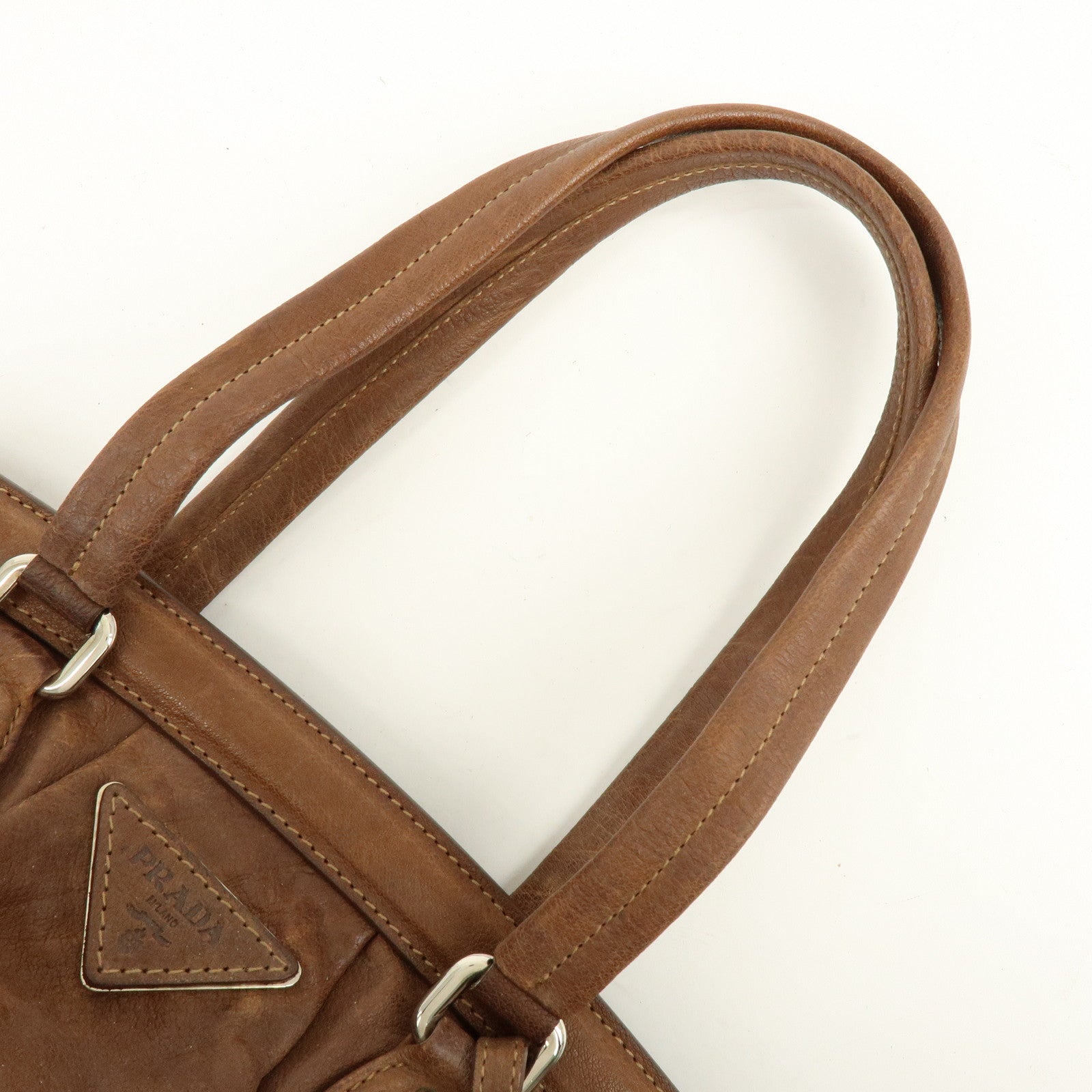 PRADA Triangle Logo Leather Boston Bag Hand Bag Doctor Bag Brown