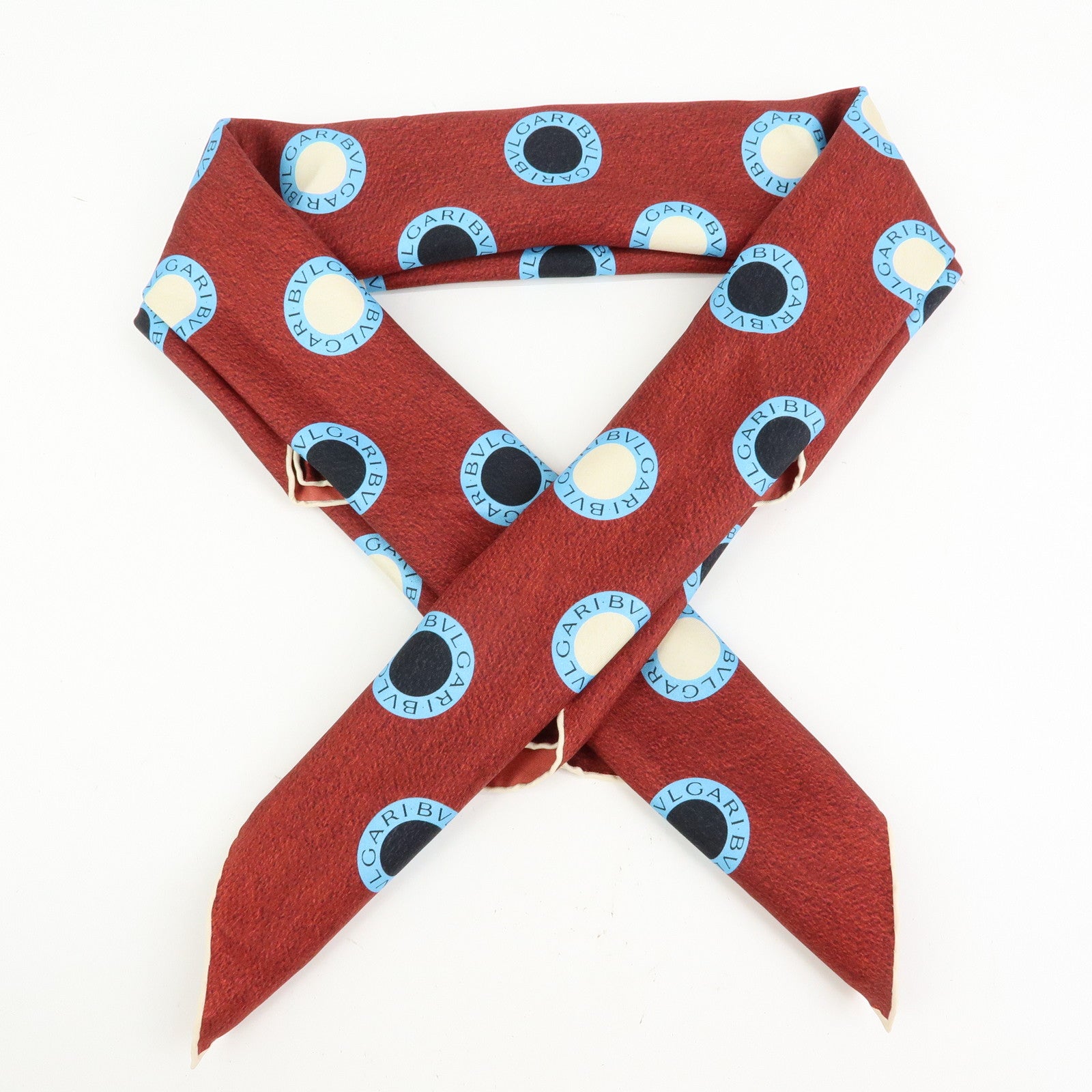 BVLGARI Logo Silk 100% Scarf Wine Red Light Blue Black