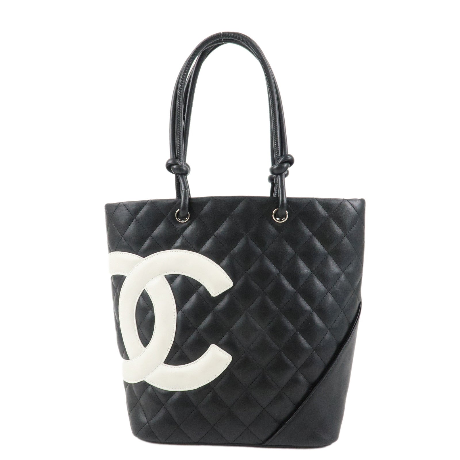 CHANEL Cambon Line COCO Mark Lamb Skin Small Tote Bag Black A25166 Used