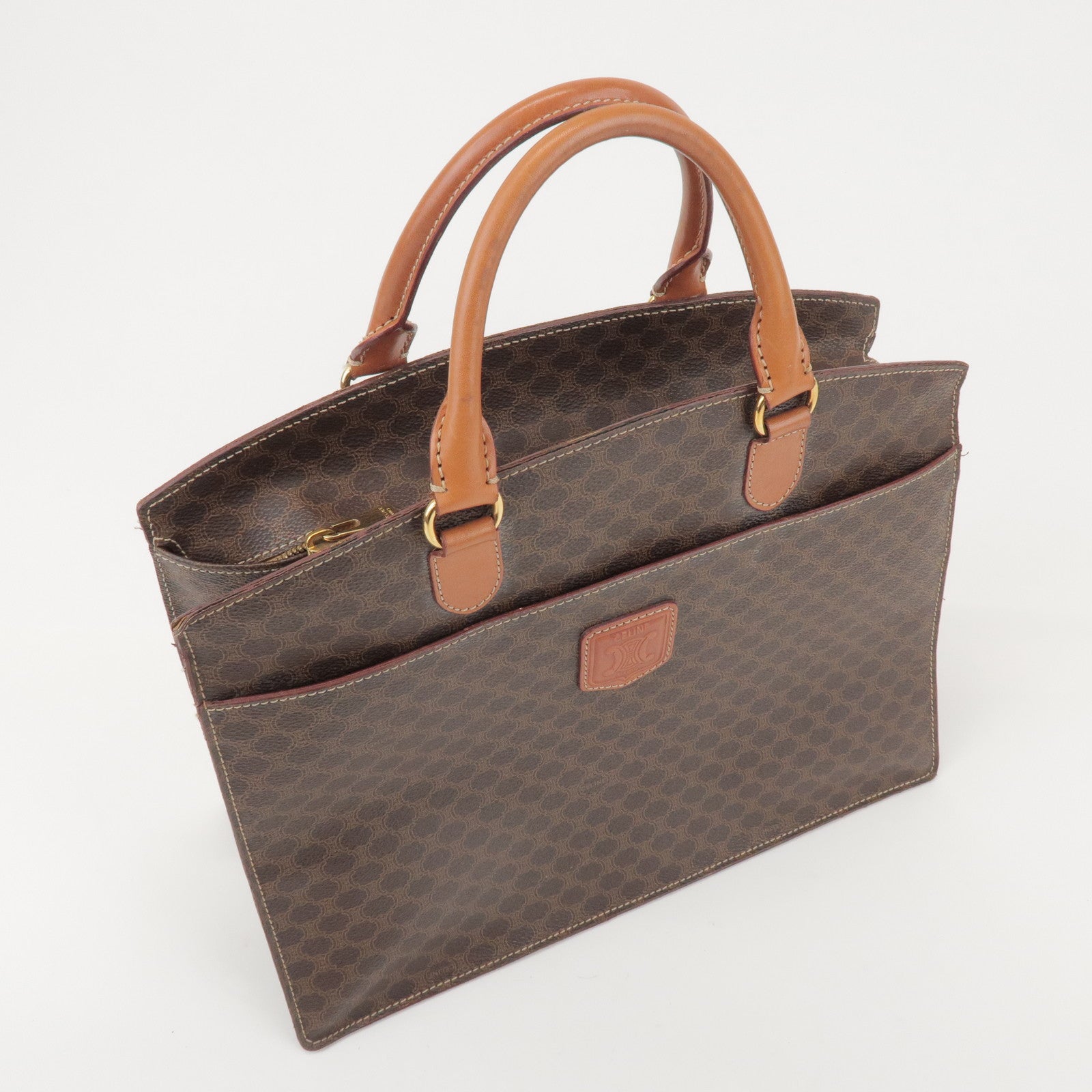 CELINE Macadam PVC Coated Canvas Leather Hand Bag Tote Bag Brown