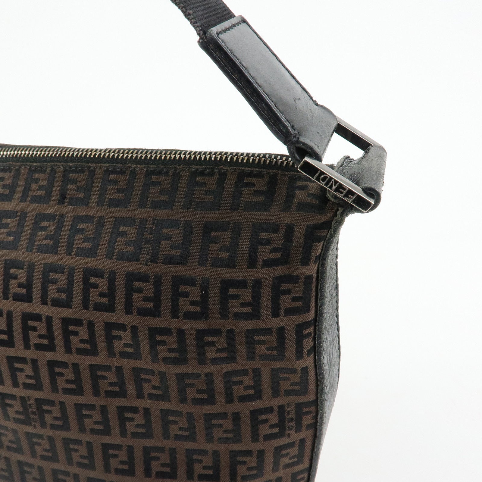 FENDI Zucchino Canvas Leather Shoulder Bag Brown Black 7VA004