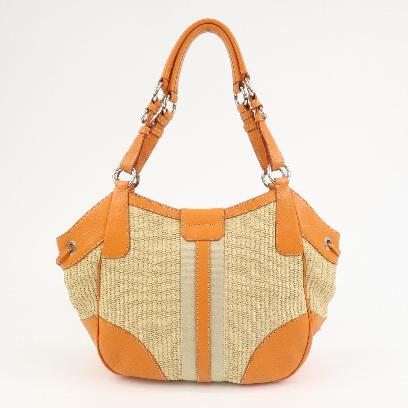 PRADA Logo Raffia Leather Shoulder Bag Hand Bag Orange BR2923