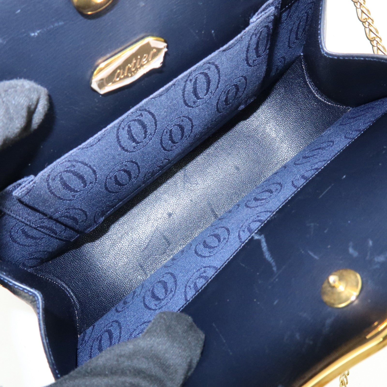Cartier Sapphire Line Calf Leather Chain Shoulder Bag Navy