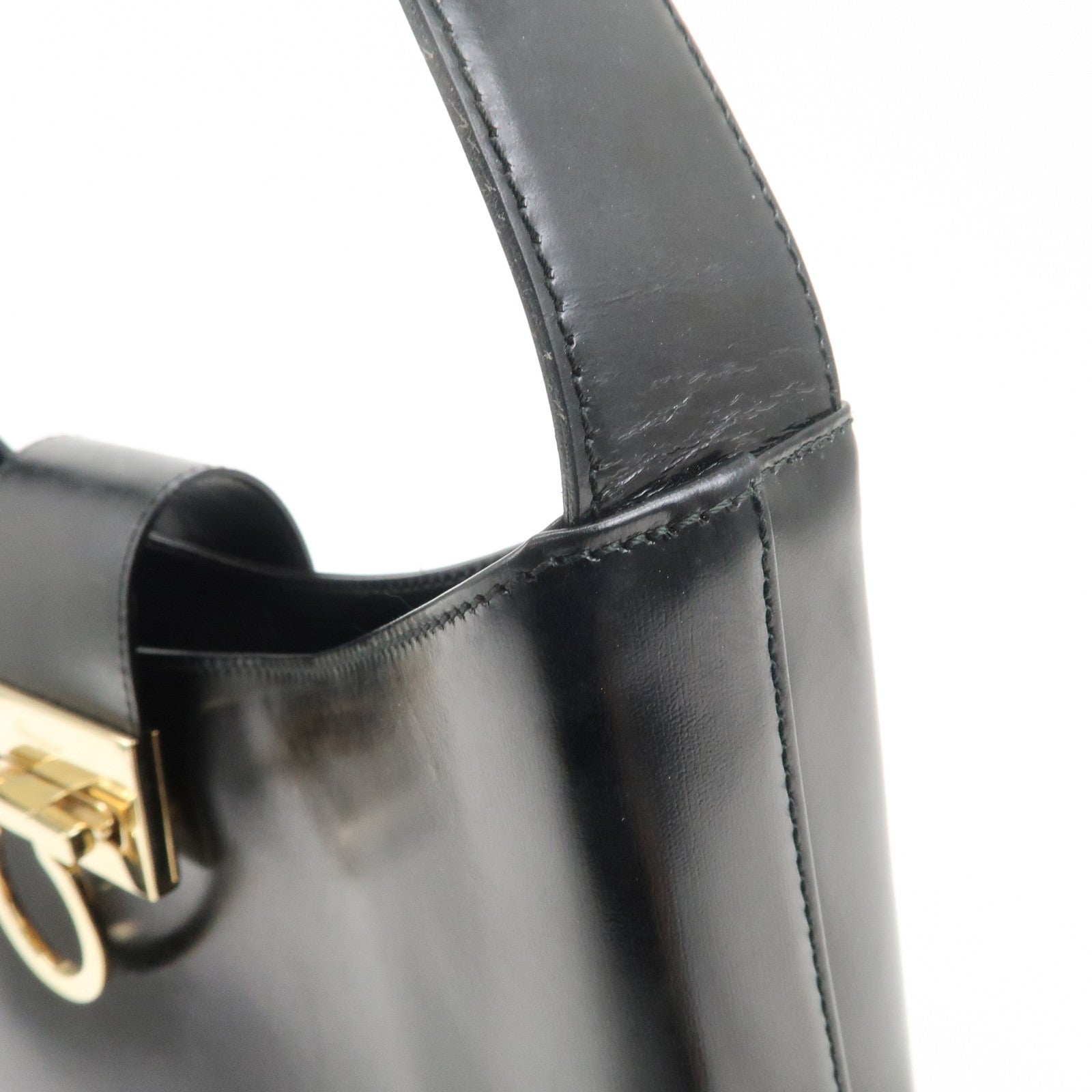 Ferragamo Gancini Leather Shoulder Bag Hand Bag Black Gold HDW