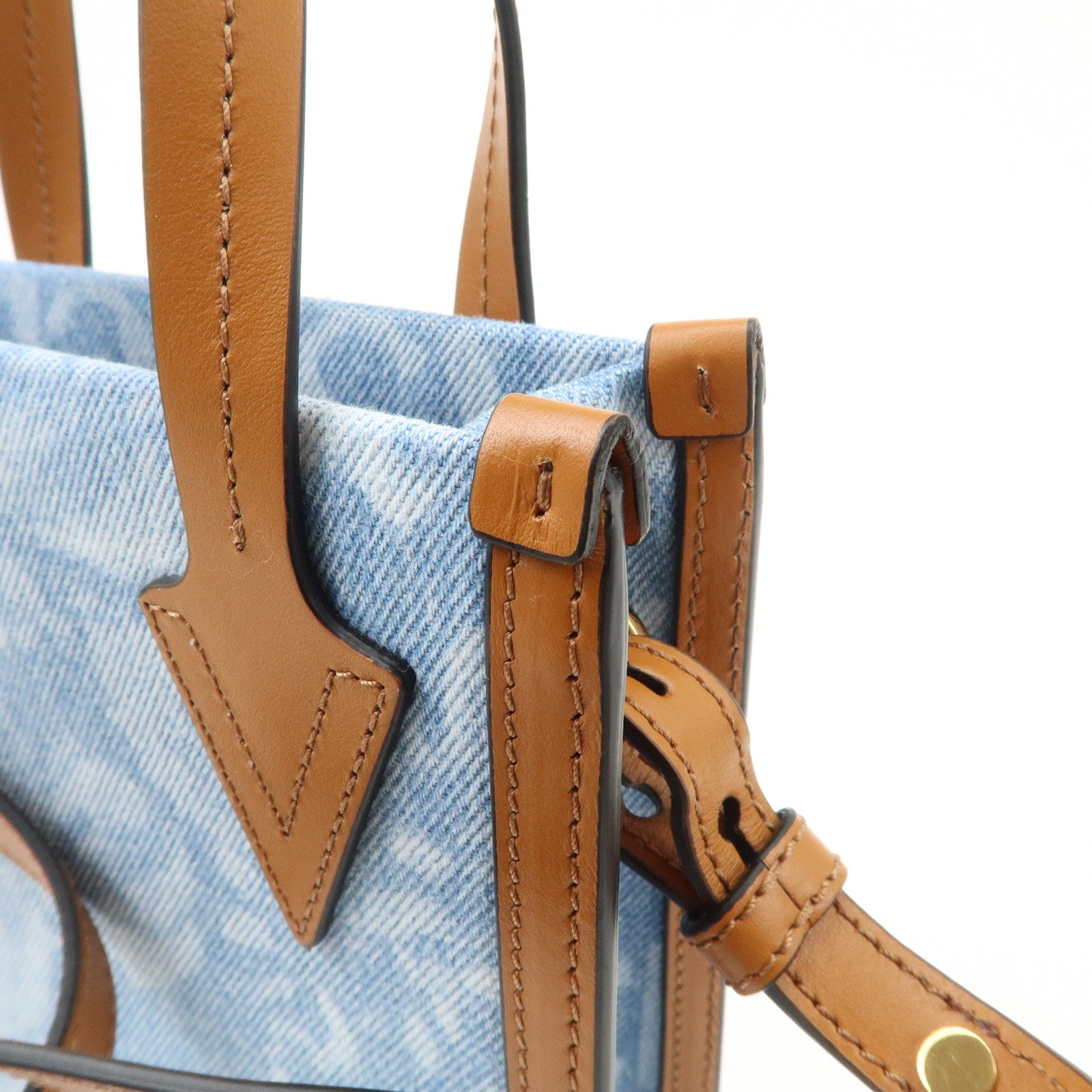 GIANNI VERSACE Leather Denim 2Way Hand Bag Shoulder Bag Blue Brown Used