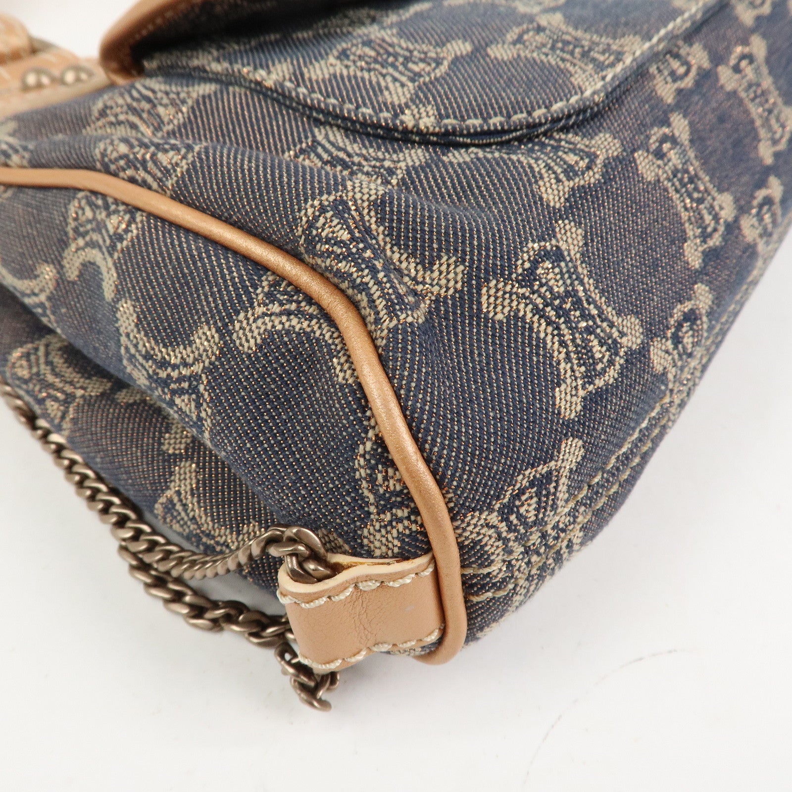 CELINE Macadam Denim Leather Glitter Hand Bag Metallic Pink Navy