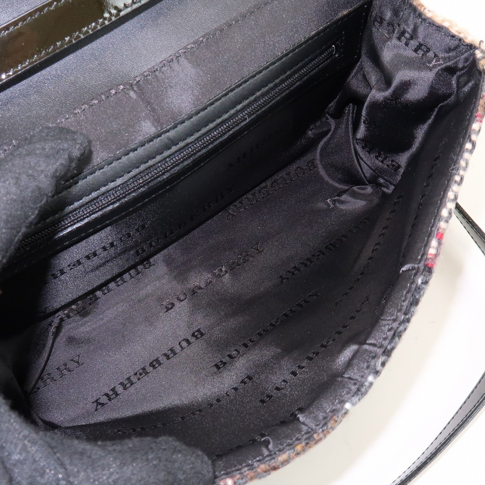 BURBERRY Tweed Patent Leather Suede Shoulder Bag Plaid Beige Black