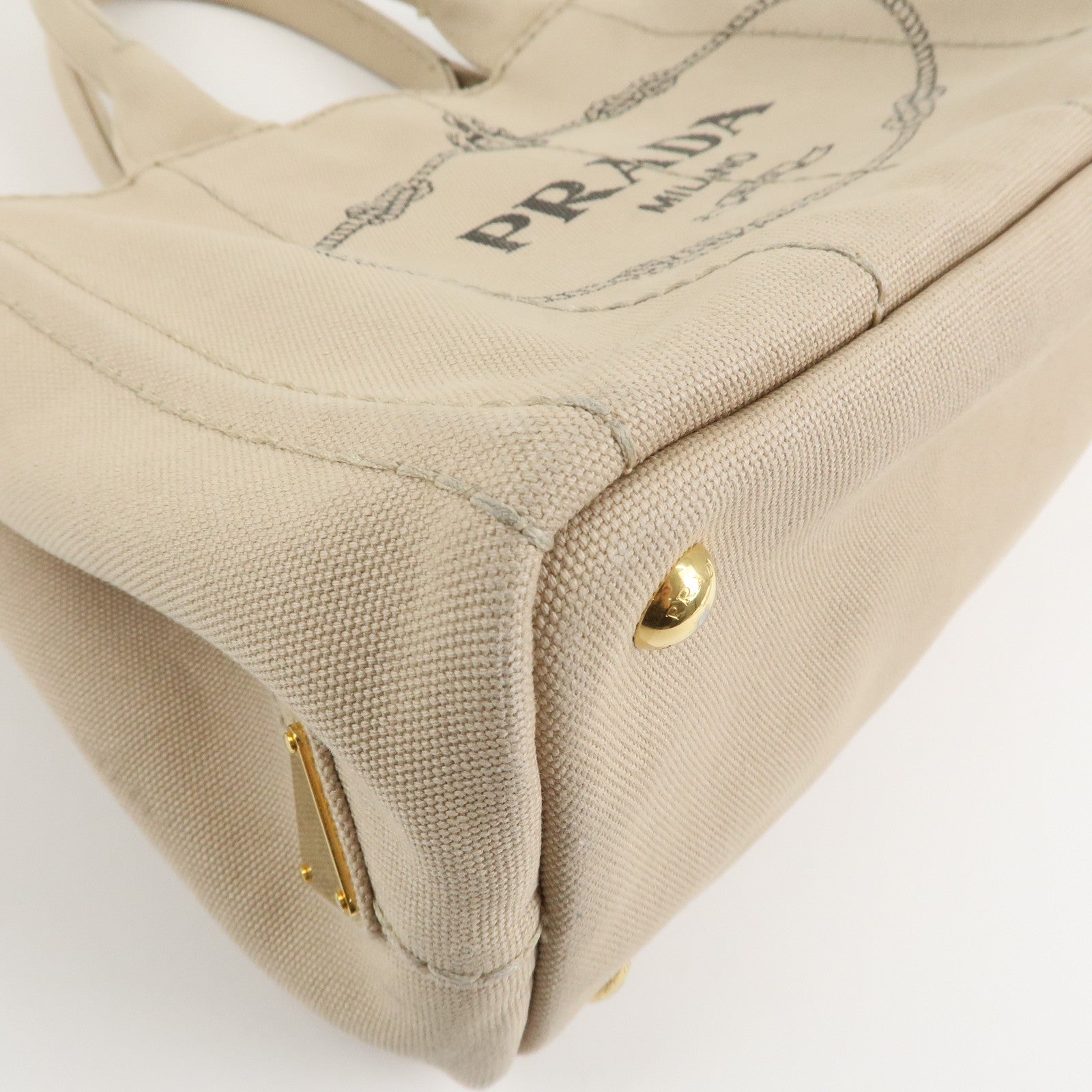 PRADA Logo Canapa Mini Canvas Tote Bag Hand Bag Beige 1BG439 Used