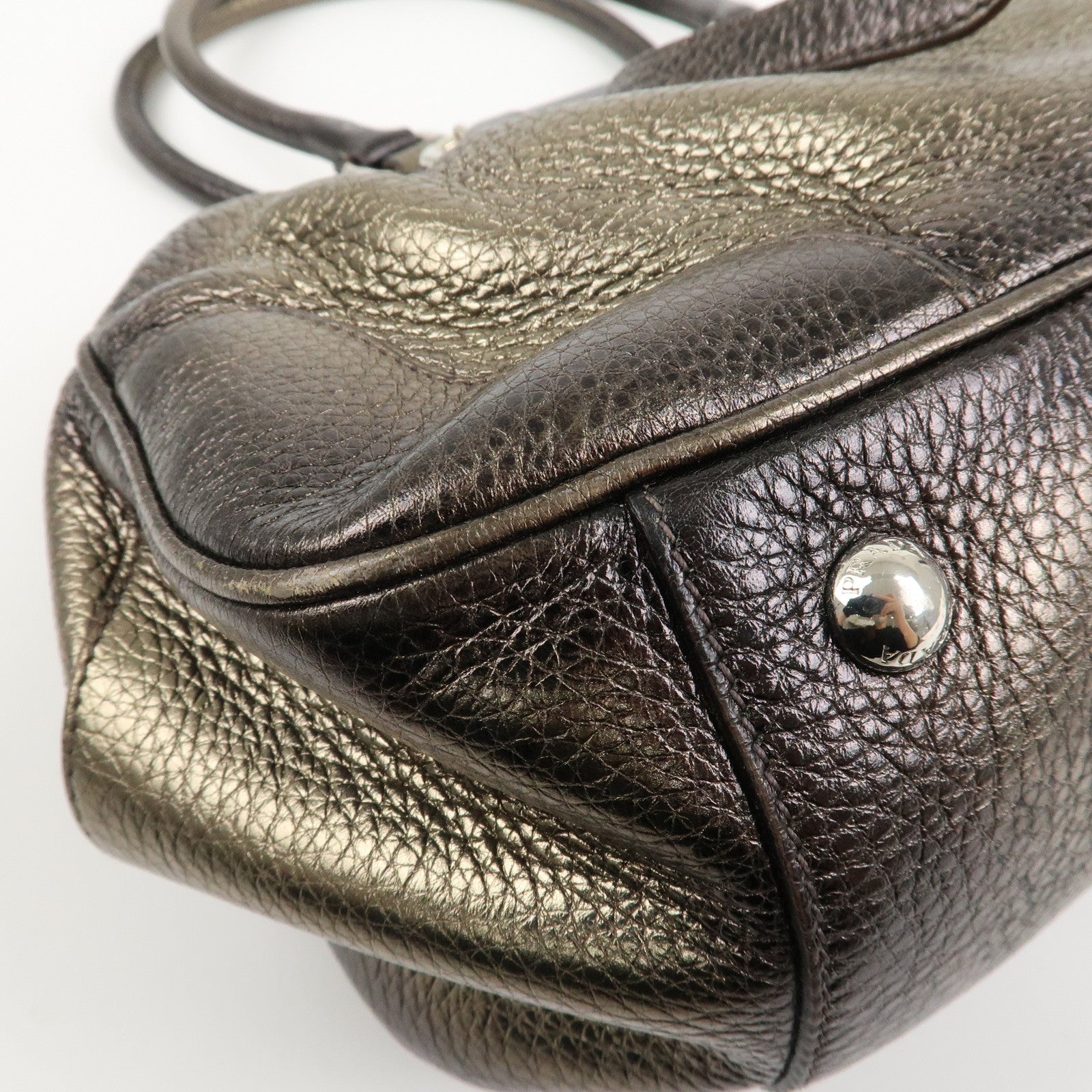 PRADA Logo Leather Shoulder Bag Boston Bag Metallic Gold