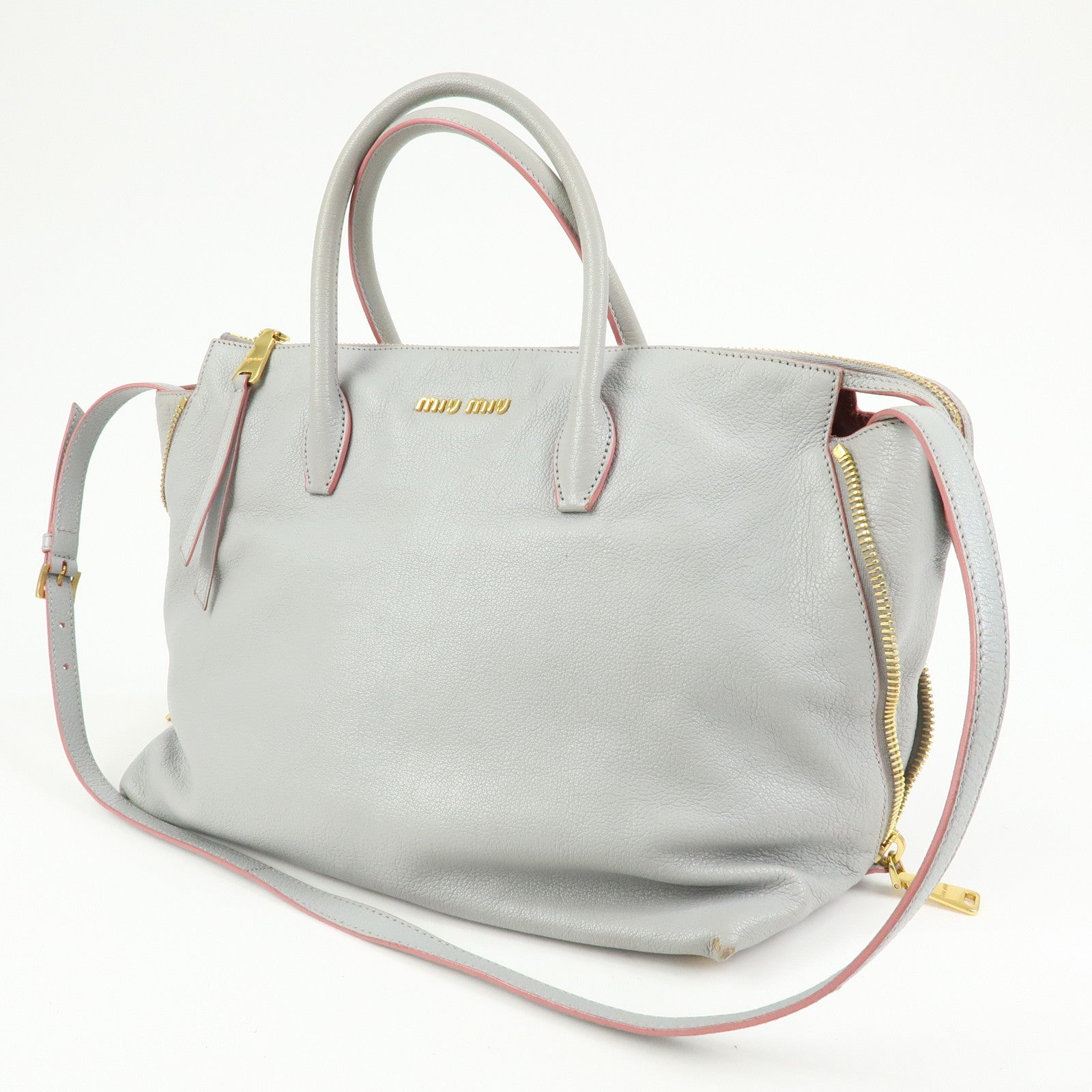 MIU MIU MADRAS Leather 2Way Bag Hand Bag Shoulder Bag Gray 5BB015