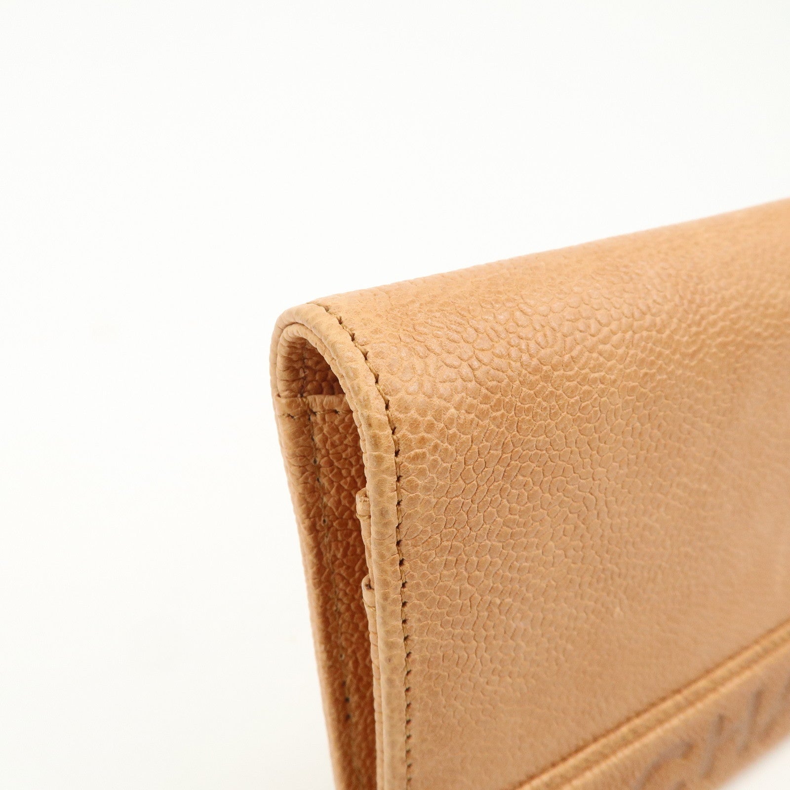 CHANEL Logo Caviarskin Flap Long Wallet Light Brown