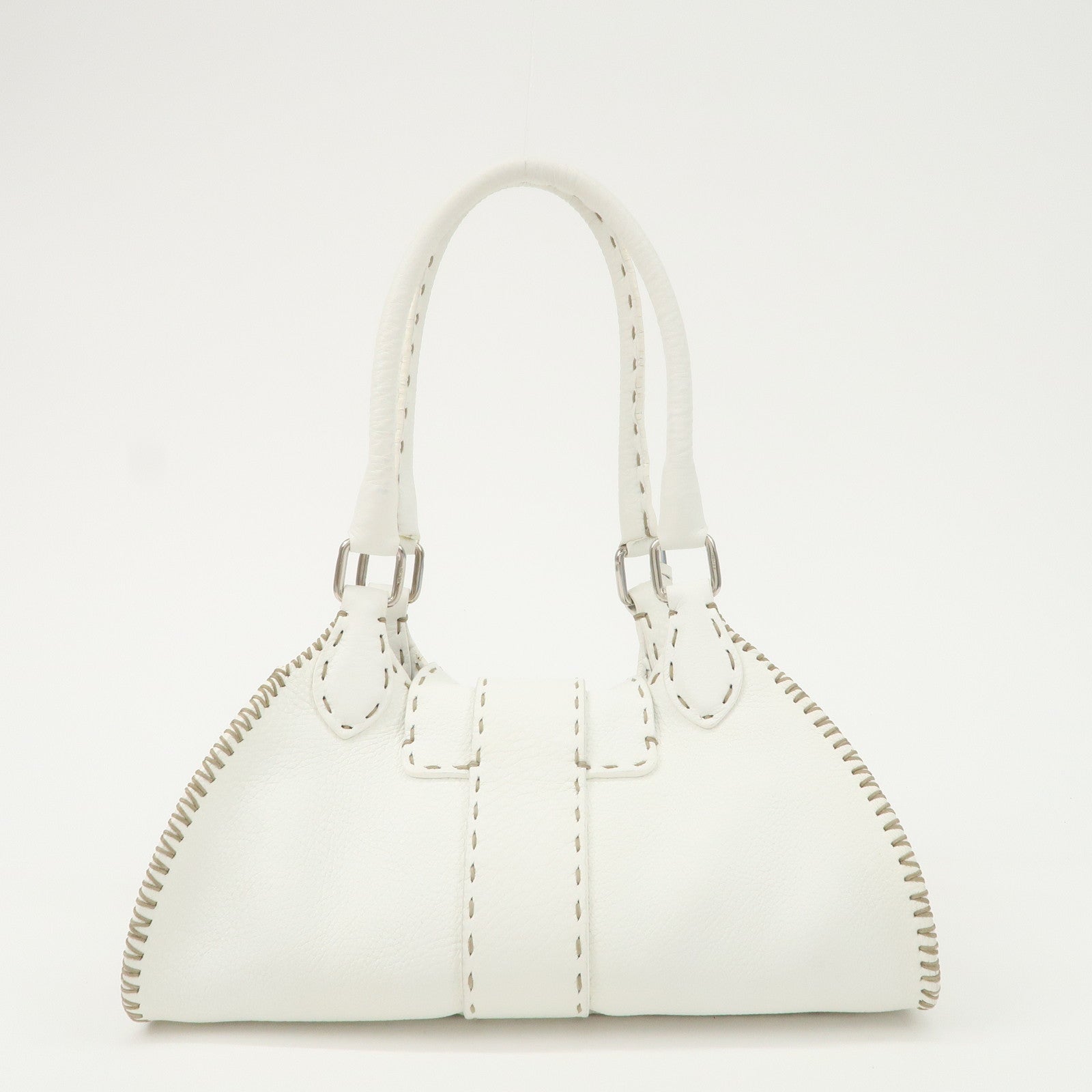 FENDI Seleria Leather Hand Bag White Silver HDW 8BR439