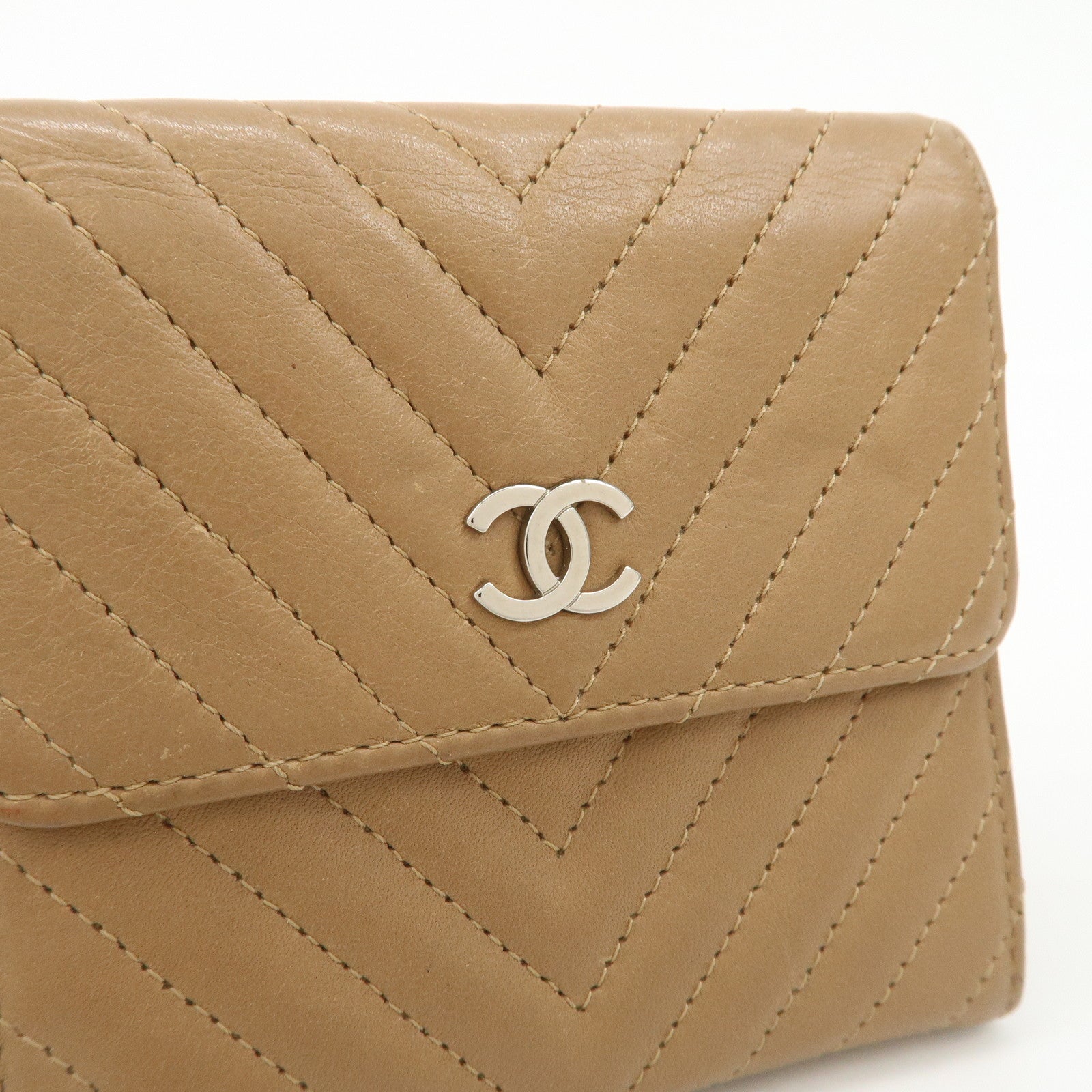CHANEL Matelasse V Stitch Leather Tri-Fold Wallet Brown A34281