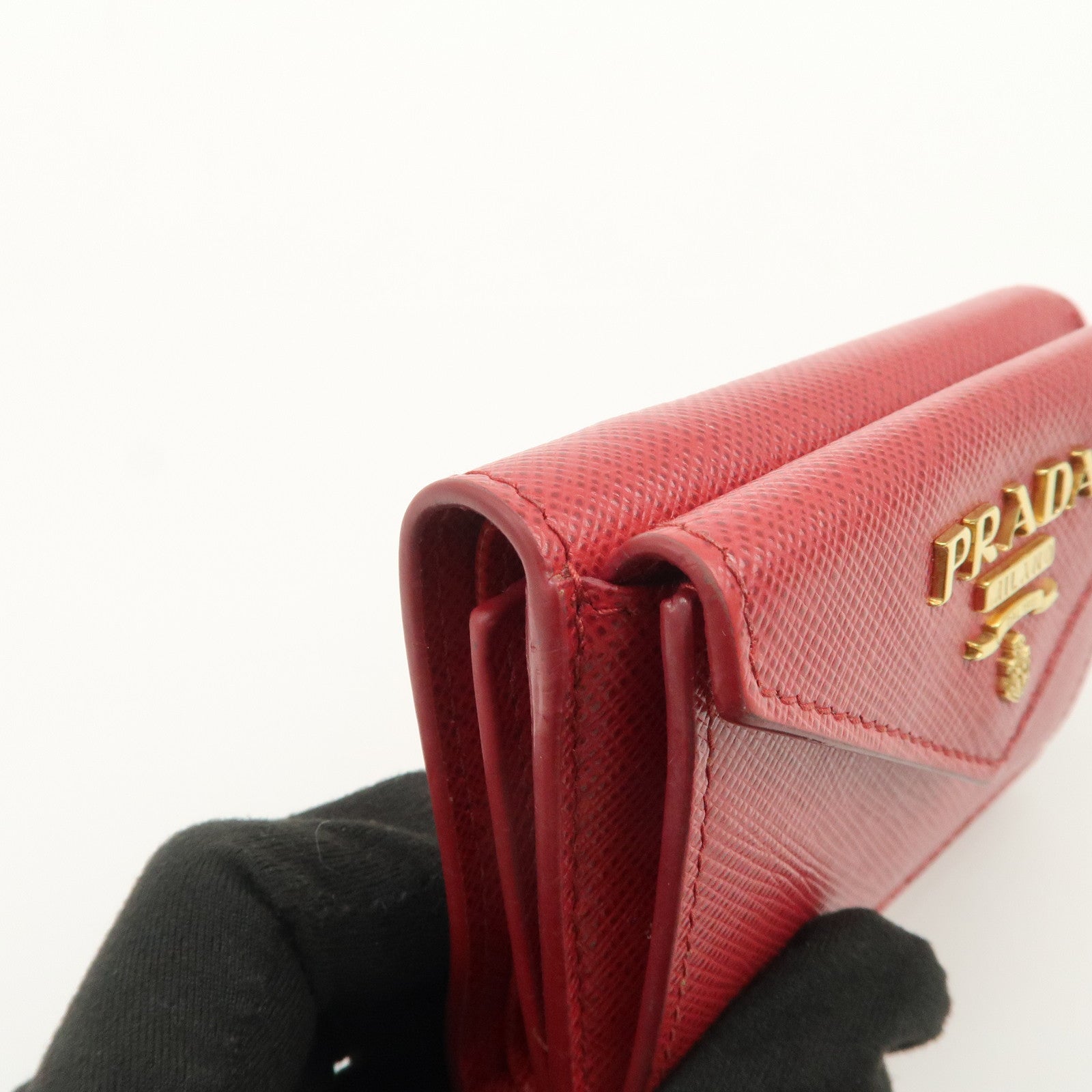 PRADA Saffiano Leather Tri-fold Compact Wallet Red 1MH021