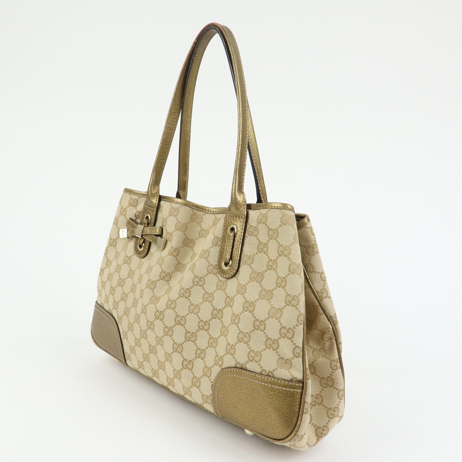 GUCCI Princy GG Canvas Leather Tote Shoulder Bag Beige Gold 163805