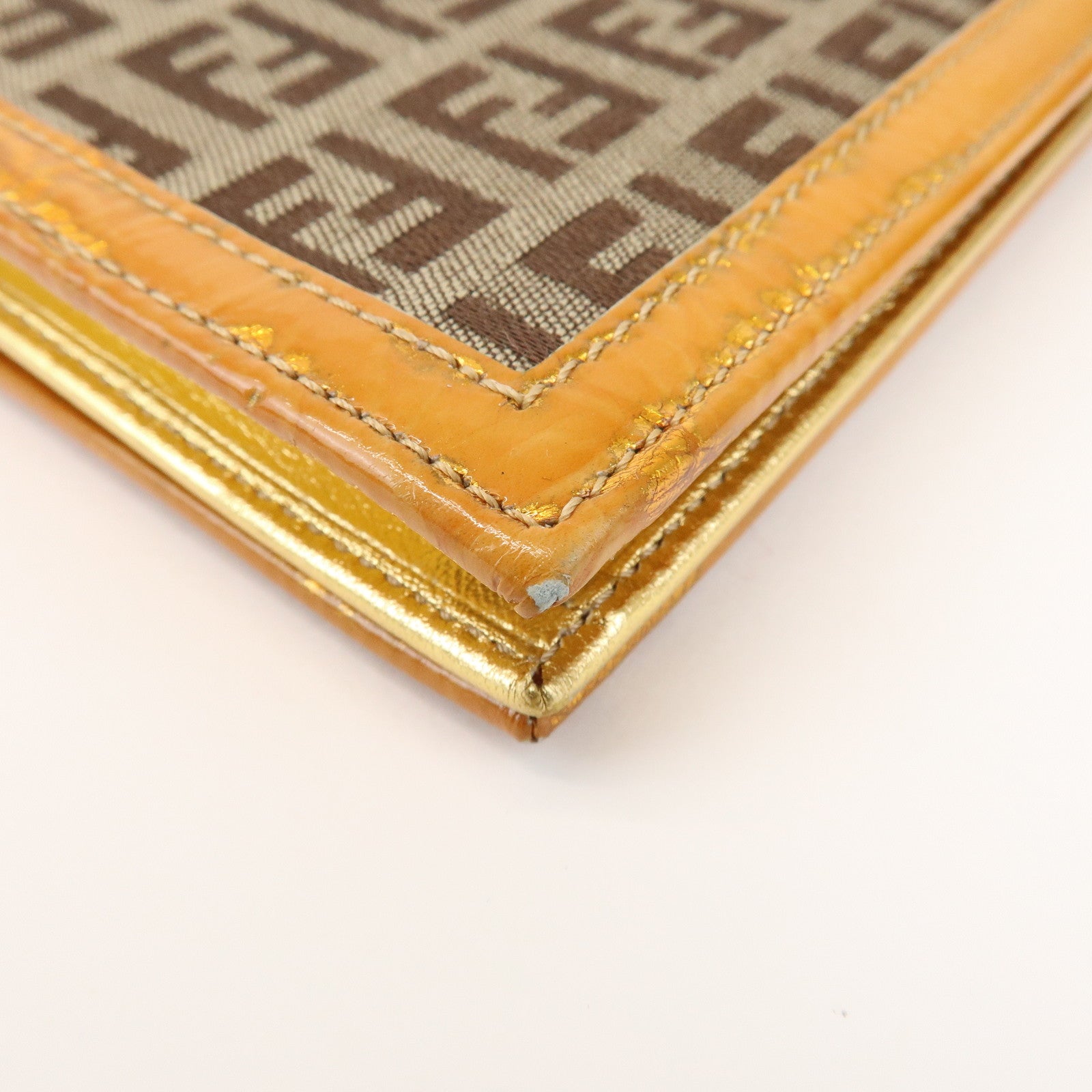 FENDI Zucchino Canvas Leather Chain Long Wallet Brown Gold 8M0219