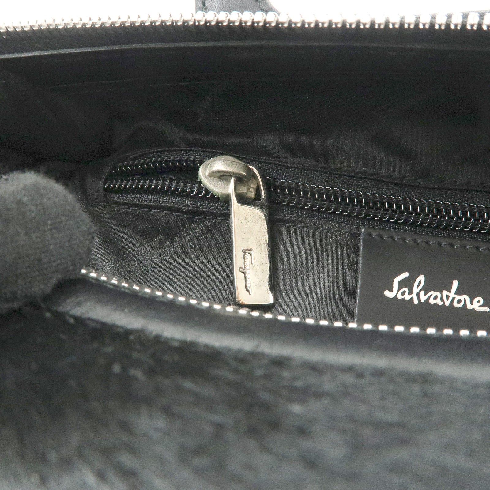 Ferragamo Gancini Leather Unborn Calf Hand Bag Black Used
