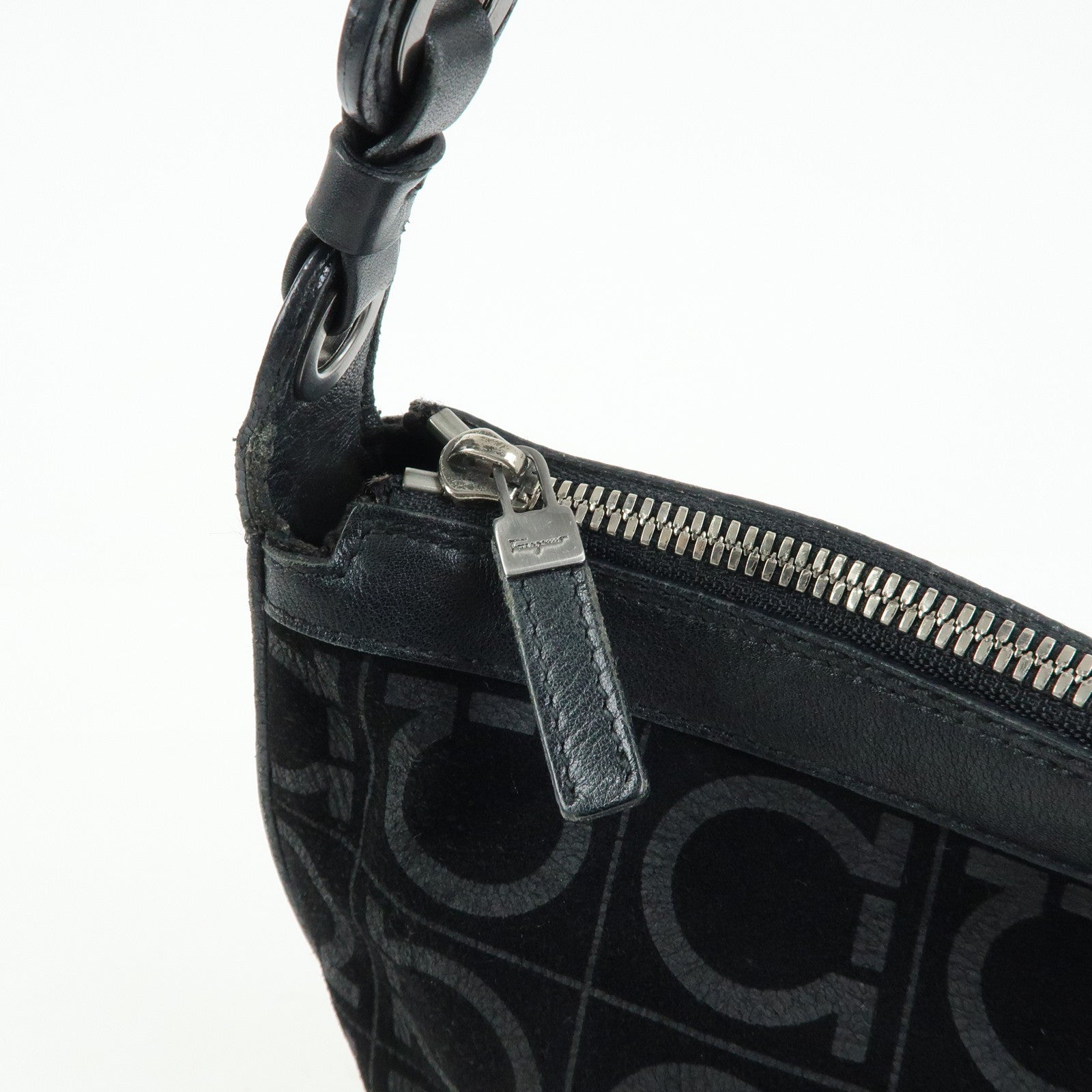 Ferragamo Gancini Suede Leather Shoulder Bag Tote Bag Black