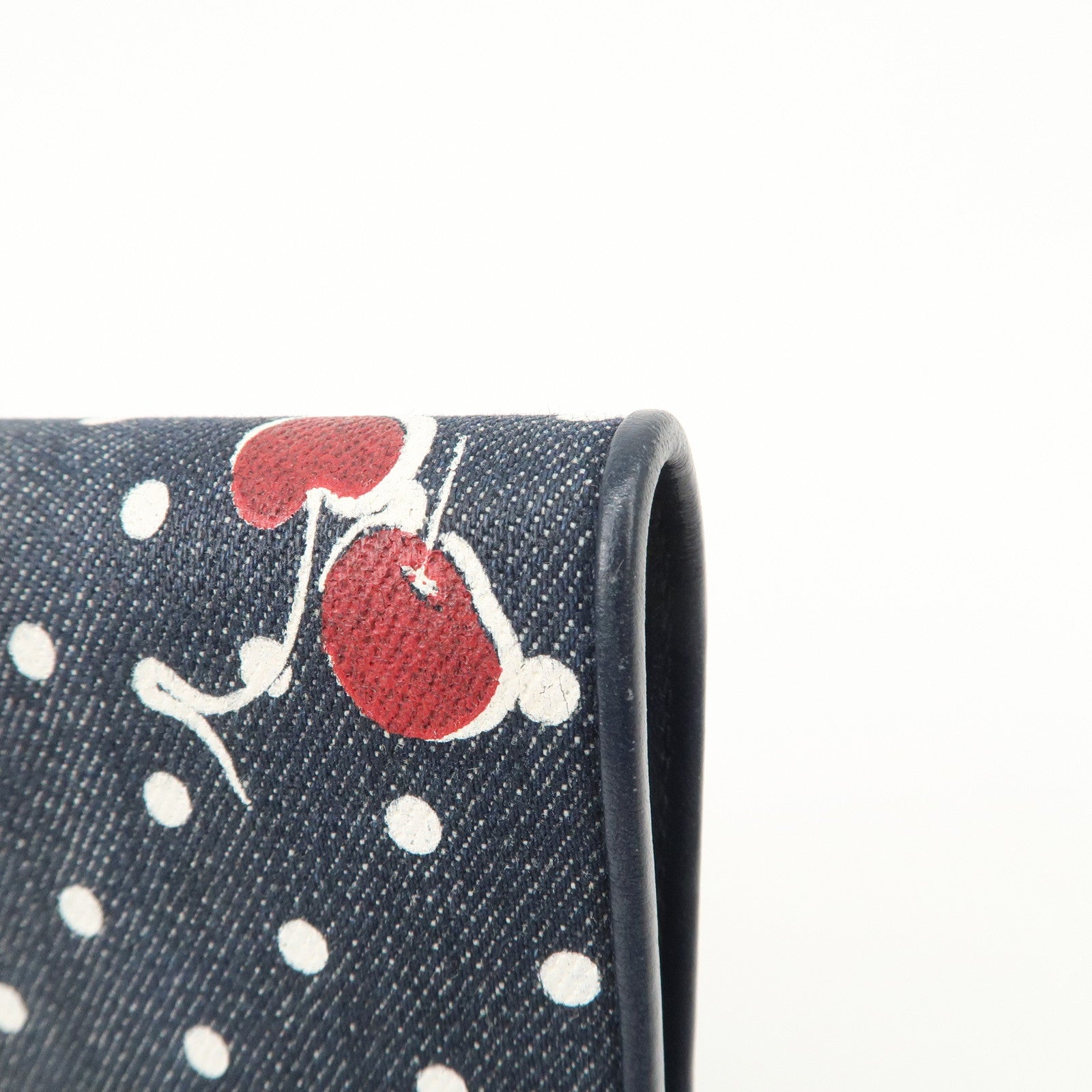 MIU MIU Cherry Denim Leather Bifold Compact Wallet Navy Red Used