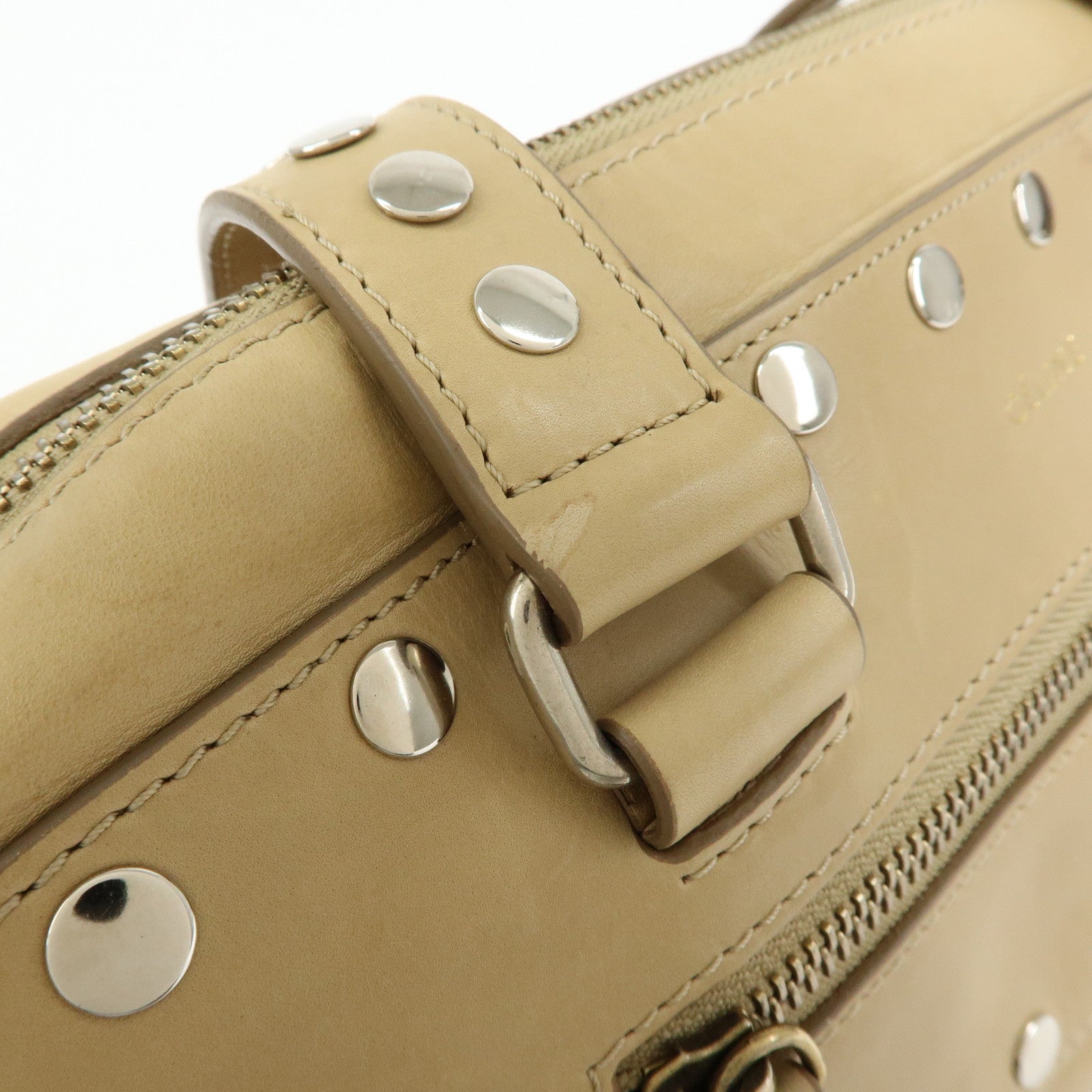CELINE Leather Hand Bag Bowling Bag Beige Studs