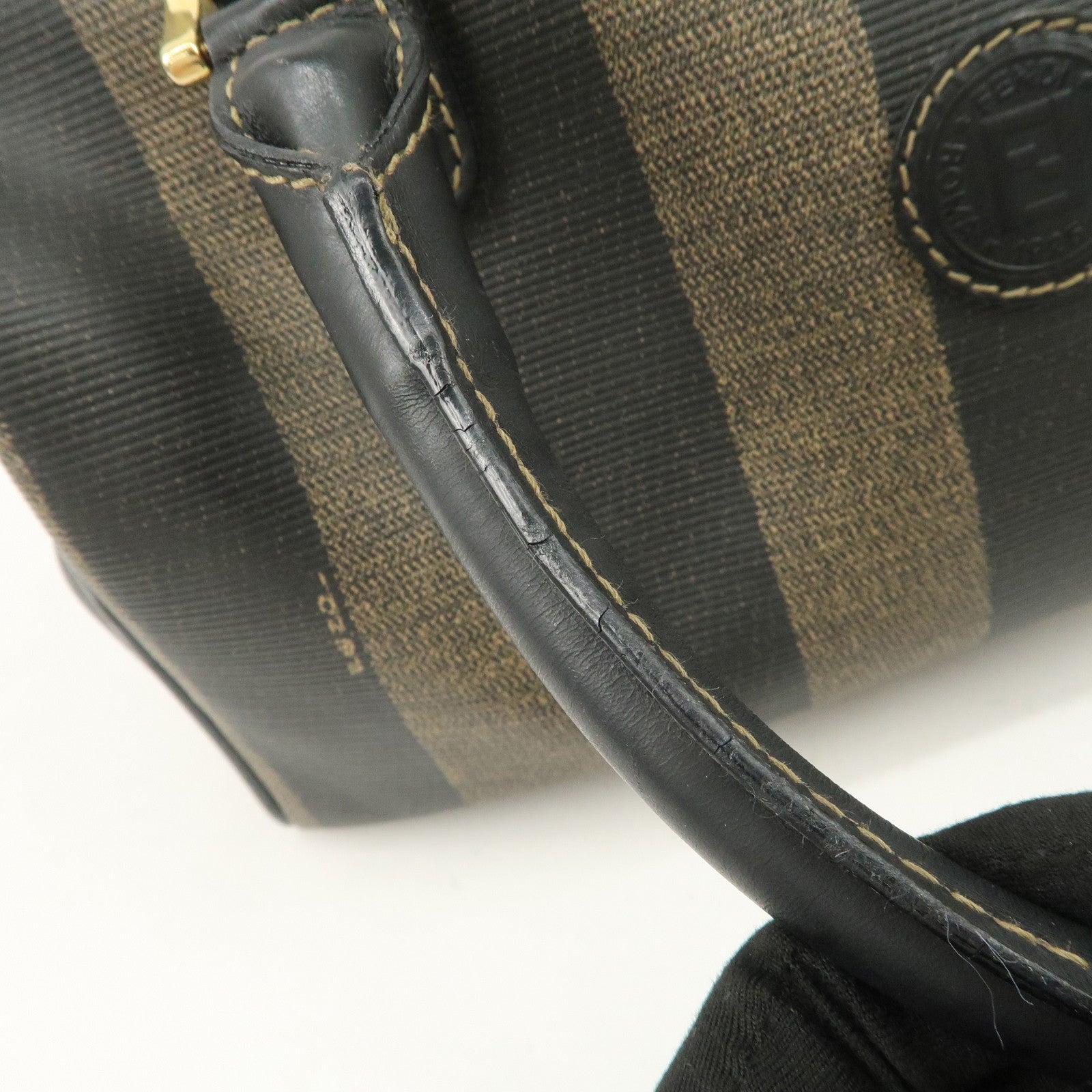 FENDI Pequin PVC Canvas Hand Bag Boston Bag Black Brown Used