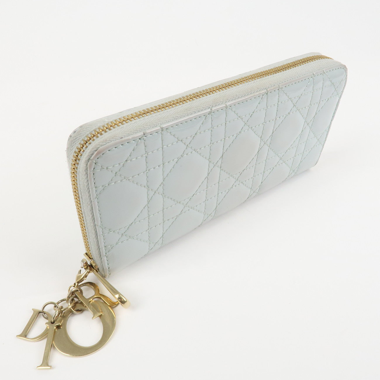 Christian Dior Cannage Patent Leather Zippy Long Wallet Light Blue Used