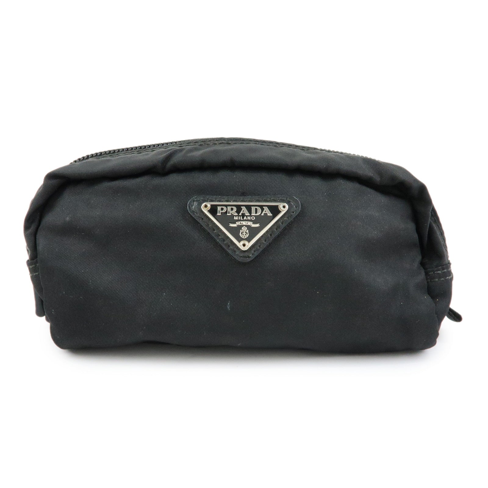 PRADA Triangle Logo Nylon Leather Pouch Cosmetic Case Black