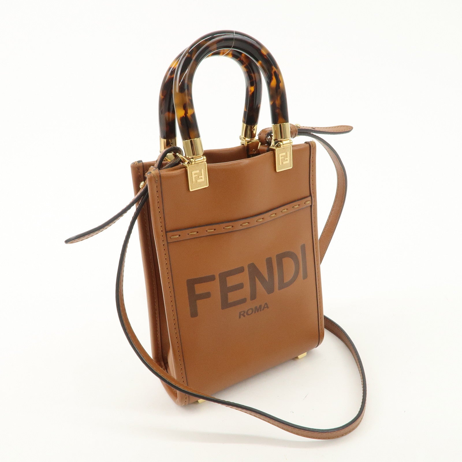 FENDI Sunshine Leather Shopper Small 2Way Bag Shoulder Bag 8BS051 Used