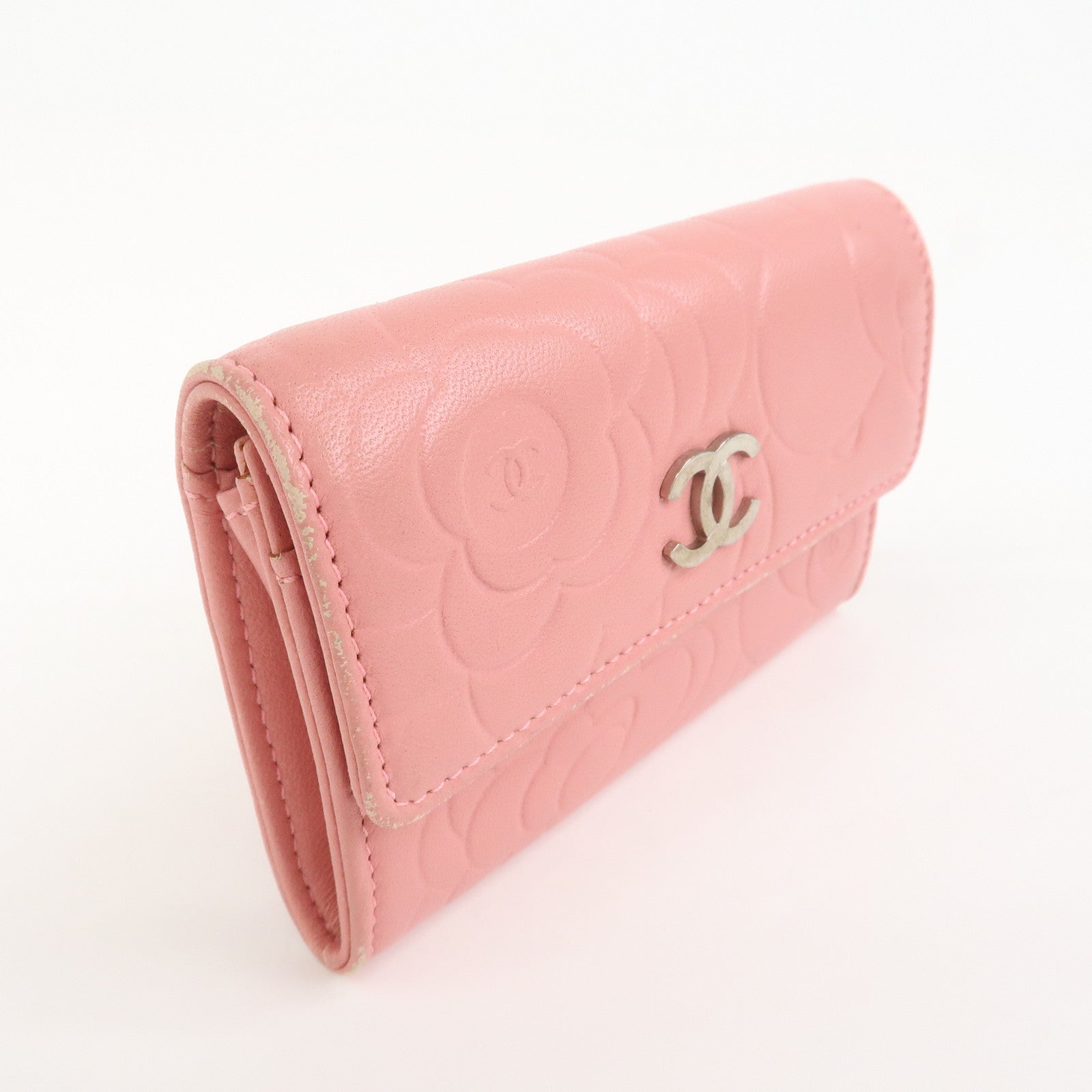 CHANEL Camellia COCO Mark Leather Card Case Card Holder Pink