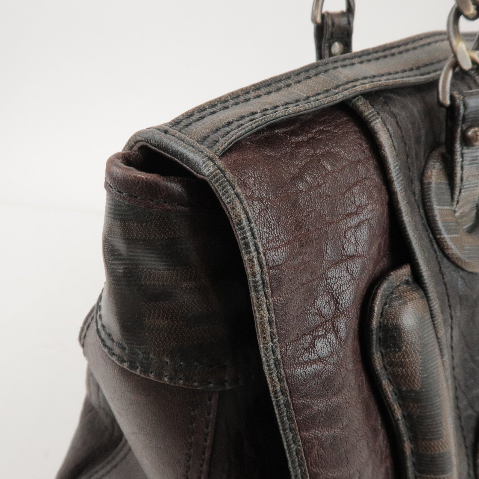 FENDI Zucca Leather PVC Coated Canvas B Bag Boston Bag Brown 8BN166